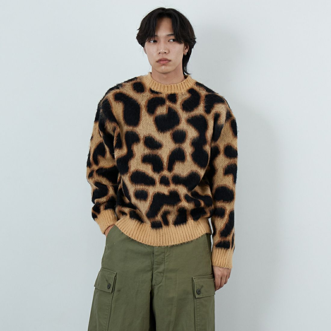 33Degrees [サーティスリーディグリーズ] バルキージャカードクルーネックニット [TDS-254-032] BRNﾚｵﾊﾟｰﾄﾞ &&モデル身長：179cm 着用サイズ：M&&