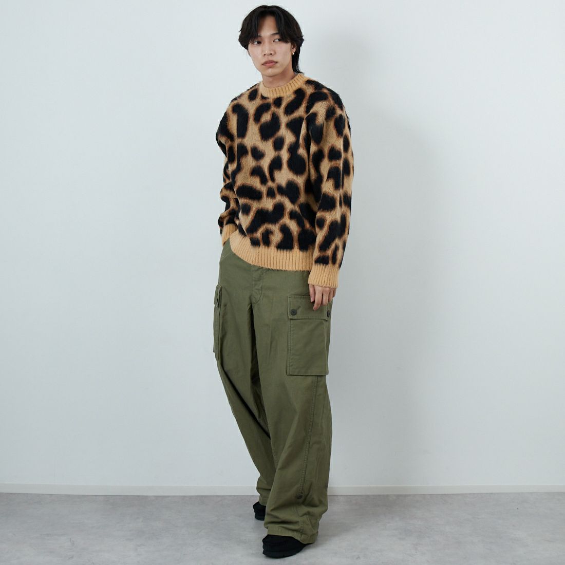 33Degrees [サーティスリーディグリーズ] バルキージャカードクルーネックニット [TDS-254-032] BRNﾚｵﾊﾟｰﾄﾞ &&モデル身長：179cm 着用サイズ：M&&