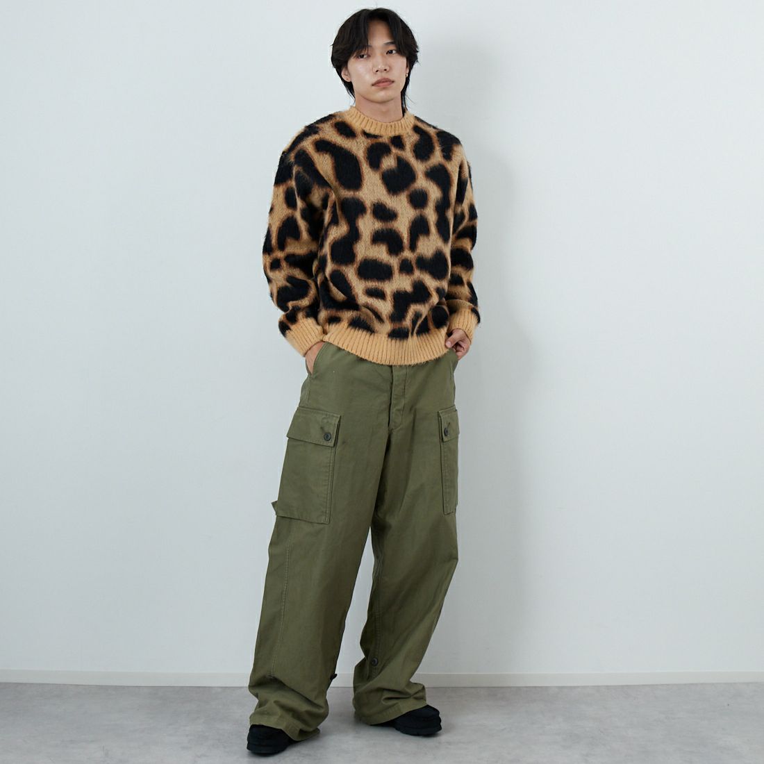 33Degrees [サーティスリーディグリーズ] バルキージャカードクルーネックニット [TDS-254-032] BRNﾚｵﾊﾟｰﾄﾞ &&モデル身長：179cm 着用サイズ：M&&