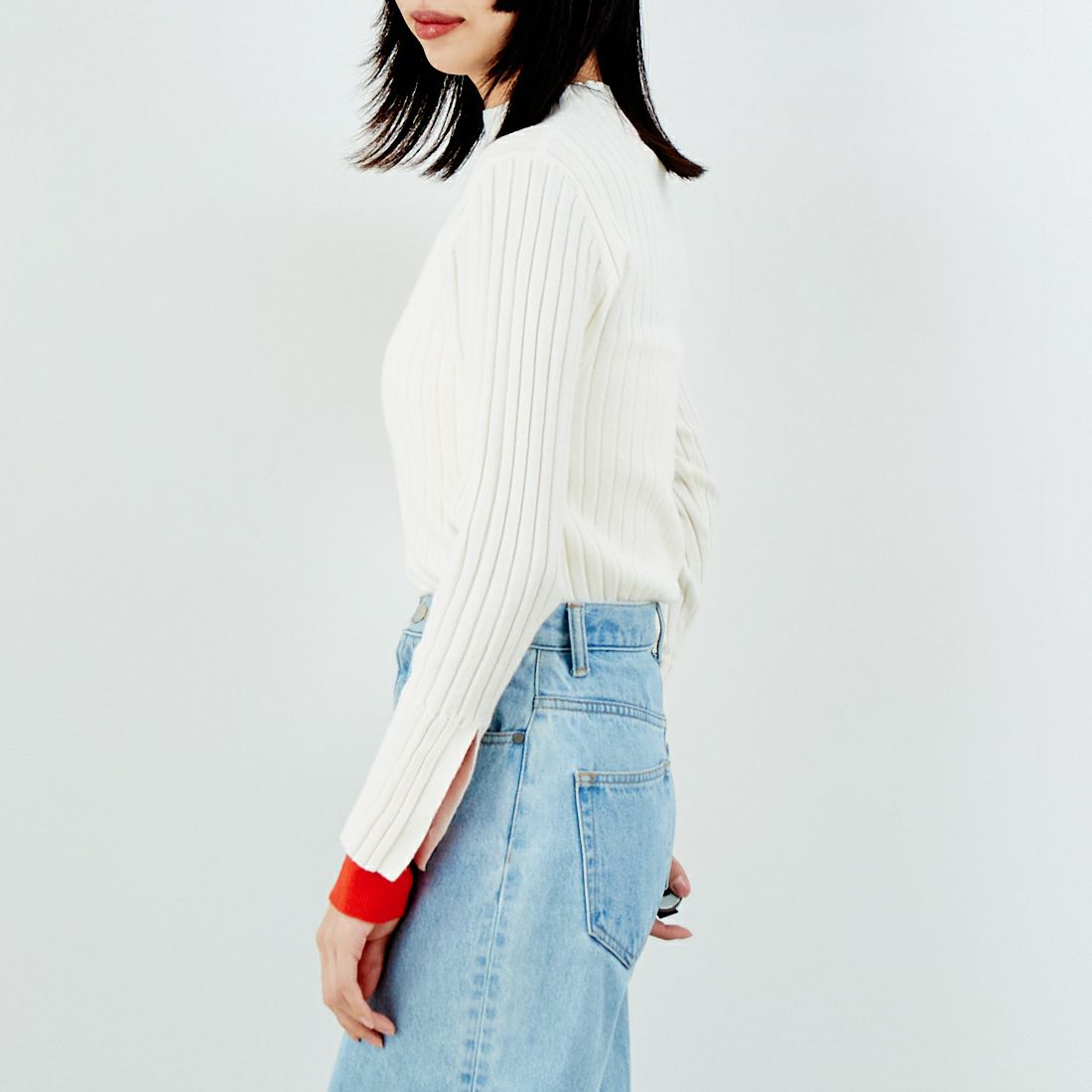 Jf Ready Made [ジェイエフレディメイド] 配色リブニット [929-14110] 02A ｱｲﾎﾞﾘｰ &&モデル身長：162cm 着用サイズ：F&&