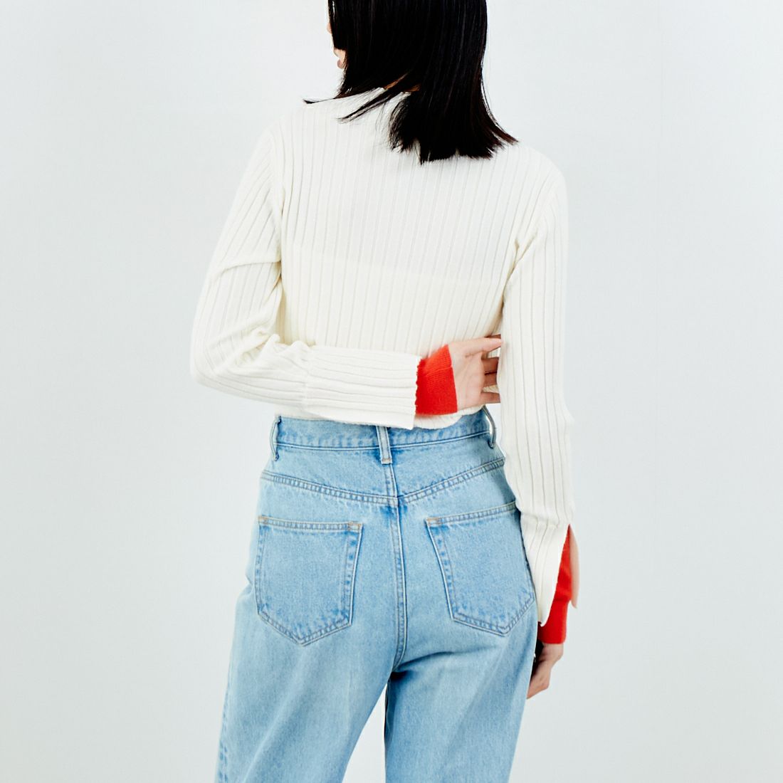 Jf Ready Made [ジェイエフレディメイド] 配色リブニット [929-14110] 02A ｱｲﾎﾞﾘｰ &&モデル身長：162cm 着用サイズ：F&&