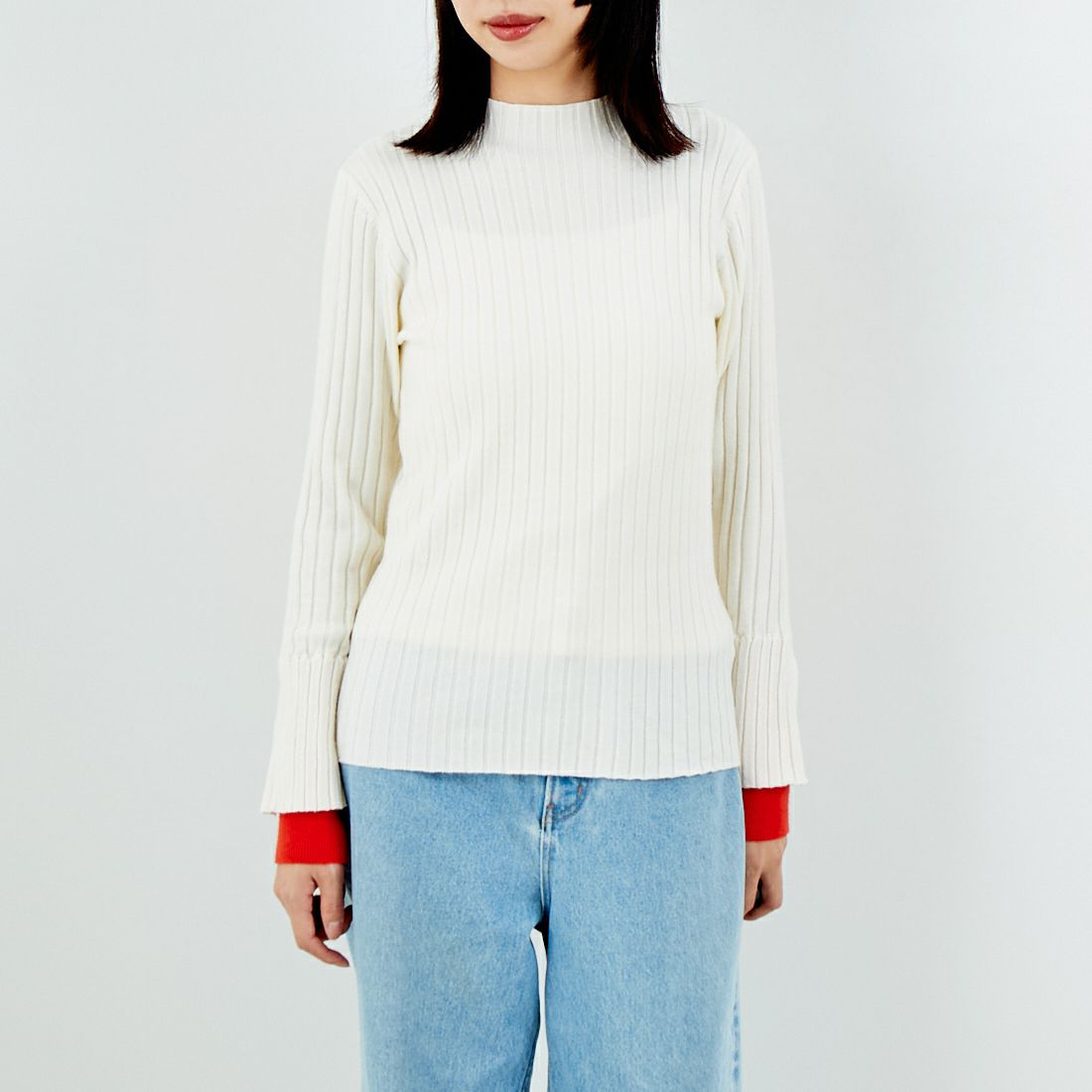 Jf Ready Made [ジェイエフレディメイド] 配色リブニット [929-14110] 02A ｱｲﾎﾞﾘｰ &&モデル身長：162cm 着用サイズ：F&&