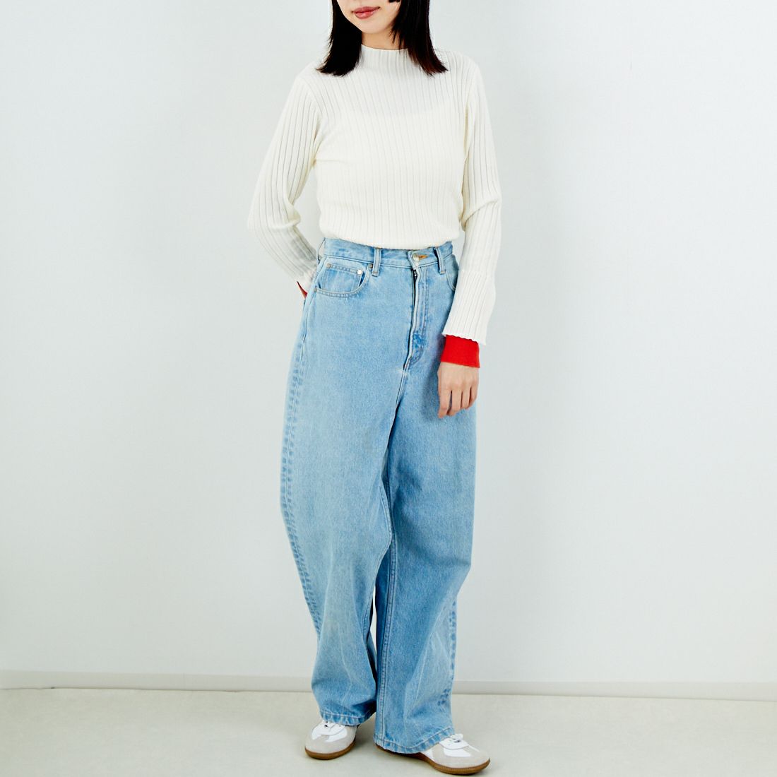 Jf Ready Made [ジェイエフレディメイド] 配色リブニット [929-14110] 02A ｱｲﾎﾞﾘｰ &&モデル身長：162cm 着用サイズ：F&&