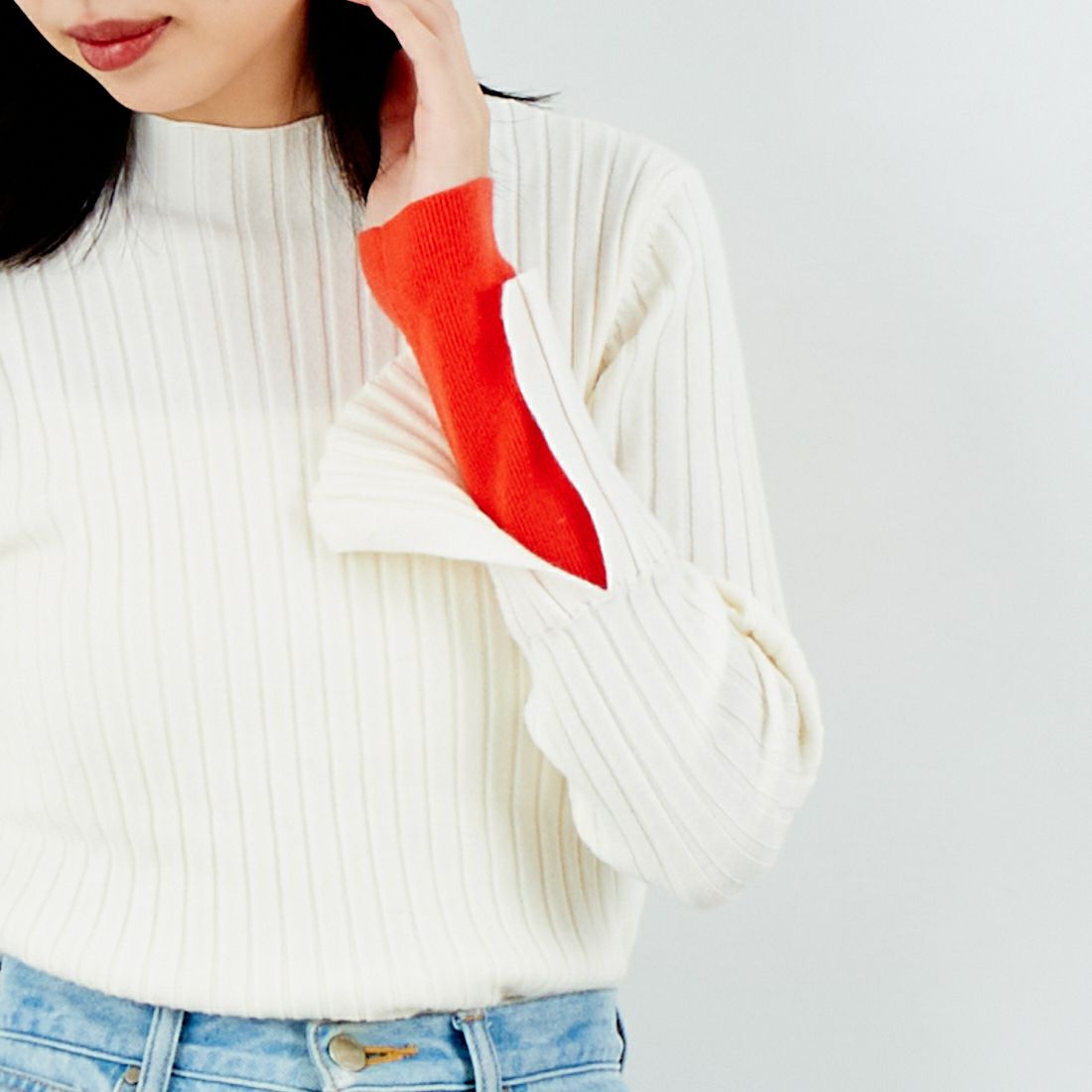 Jf Ready Made [ジェイエフレディメイド] 配色リブニット [929-14110] 02A ｱｲﾎﾞﾘｰ &&モデル身長：162cm 着用サイズ：F&&