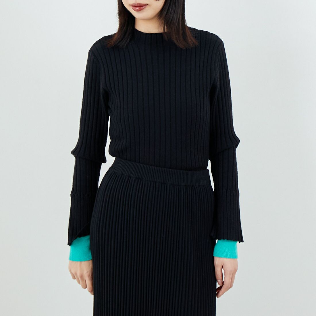 Jf Ready Made [ジェイエフレディメイド] 配色リブニット [929-14110] 09A ﾌﾞﾗｯｸ &&モデル身長：162cm 着用サイズ：F&&