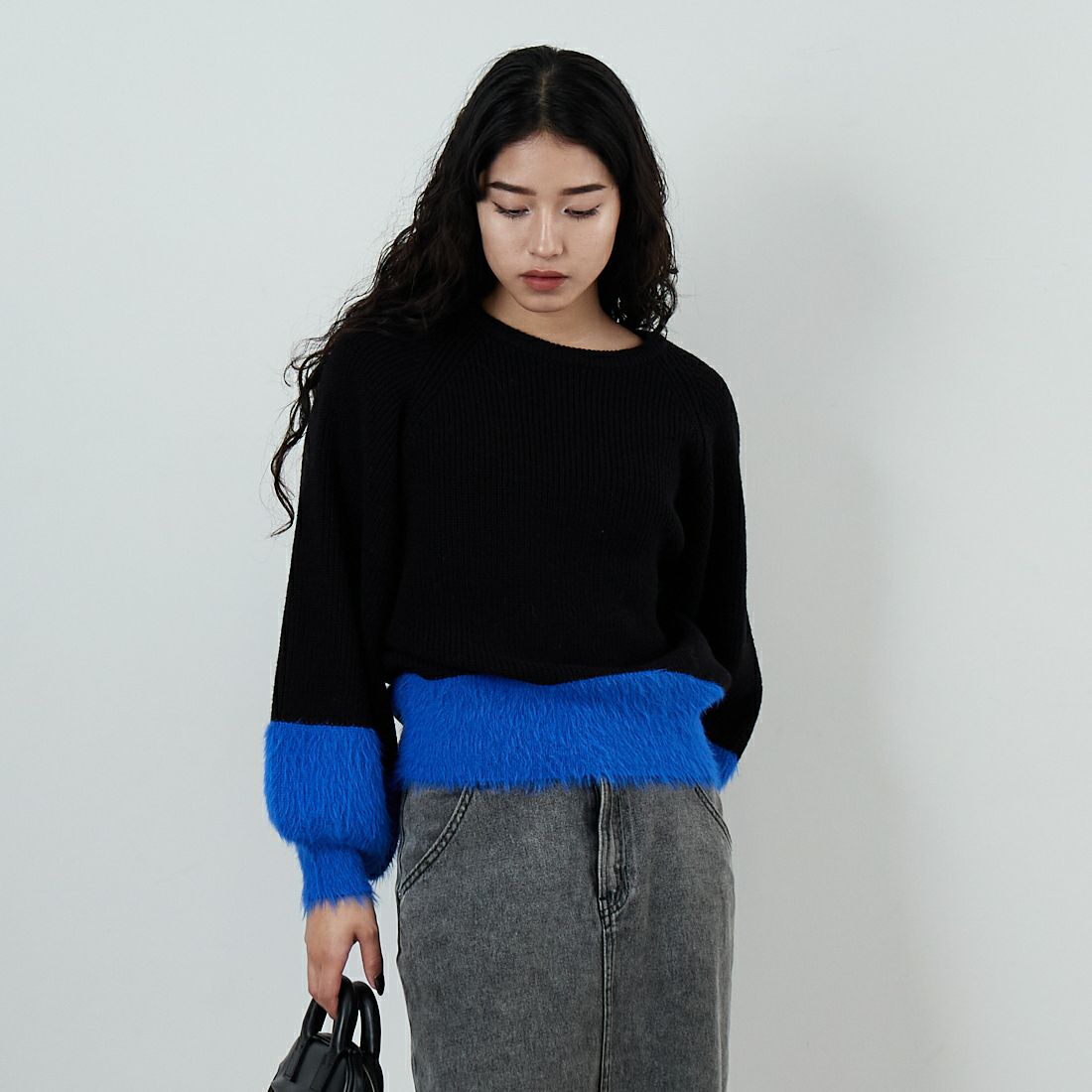 Jf Ready Made [ジェイエフレディメイド] 配色ポイントシャギーニット [986-14185] 09 ﾌﾞﾗｯｸ &&モデル身長：162cm 着用サイズ：F&&