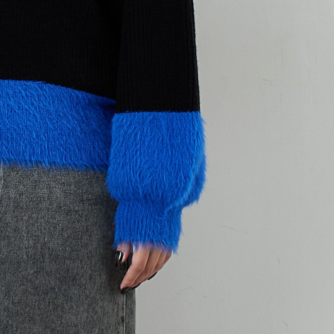 Jf Ready Made [ジェイエフレディメイド] 配色ポイントシャギーニット [986-14185] 09 ﾌﾞﾗｯｸ &&モデル身長：162cm 着用サイズ：F&&