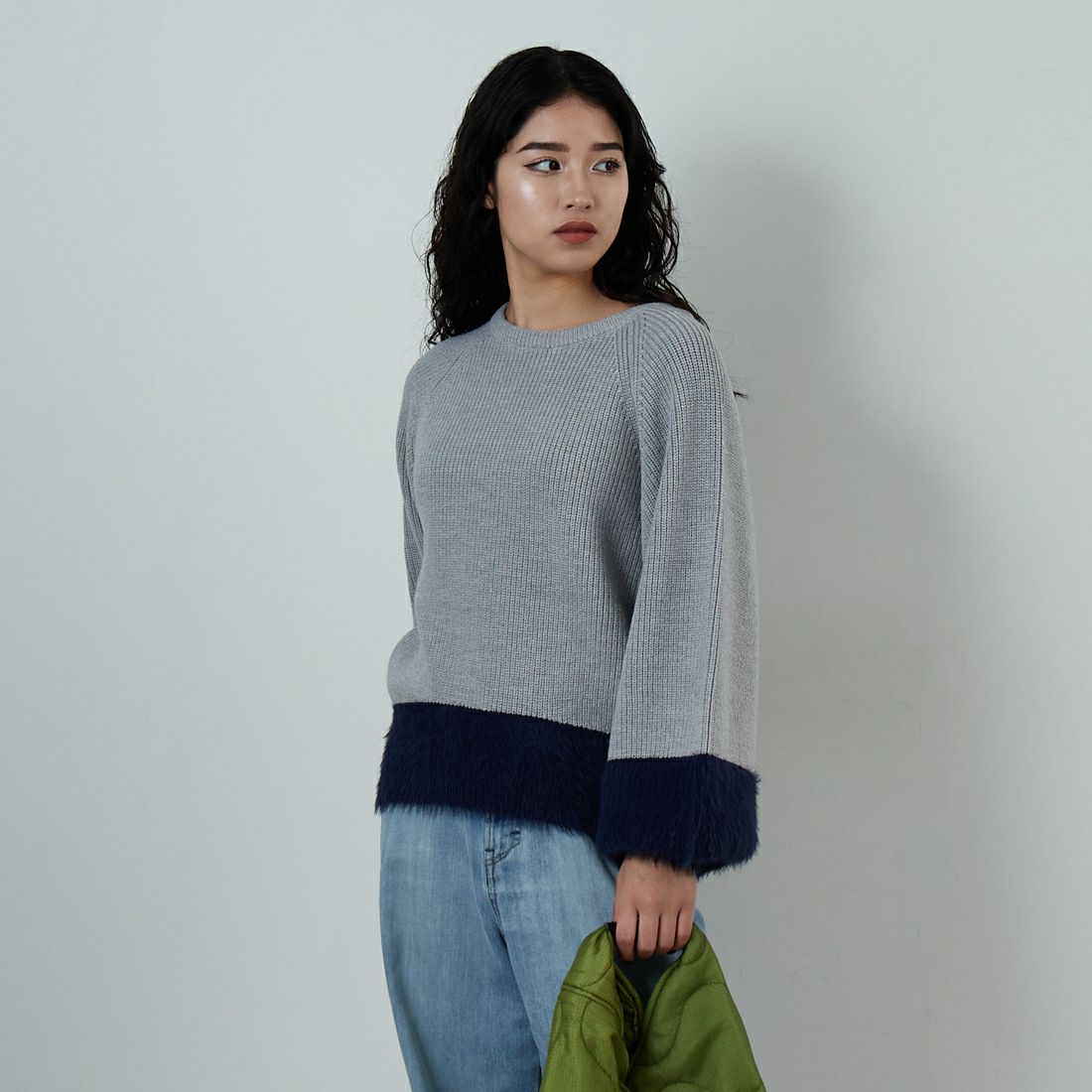 Jf Ready Made [ジェイエフレディメイド] 配色ポイントシャギーニット [986-14185] 05 ﾓｸｸﾞﾚｰ &&モデル身長：162cm 着用サイズ：F&&