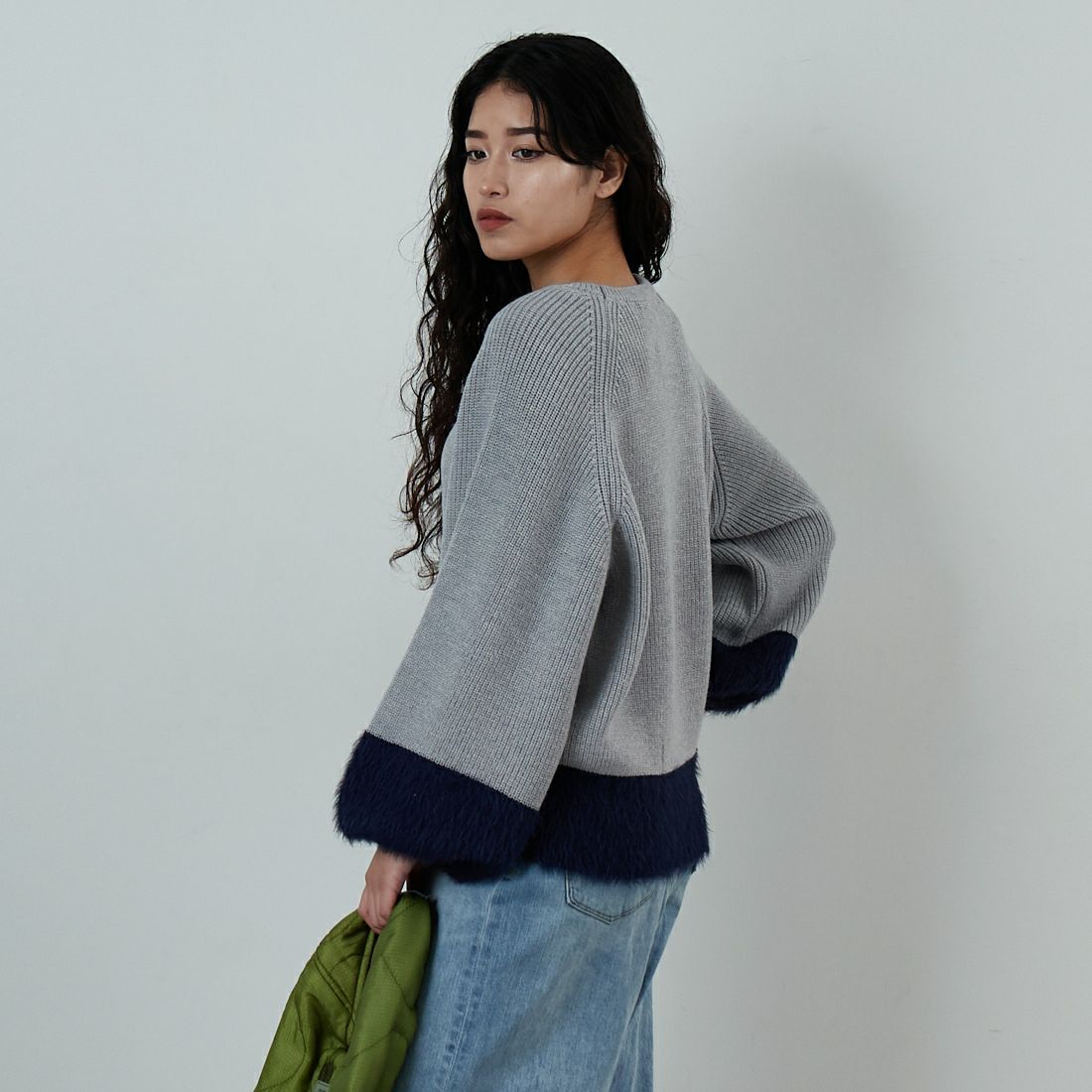 Jf Ready Made [ジェイエフレディメイド] 配色ポイントシャギーニット [986-14185] 05 ﾓｸｸﾞﾚｰ &&モデル身長：162cm 着用サイズ：F&&