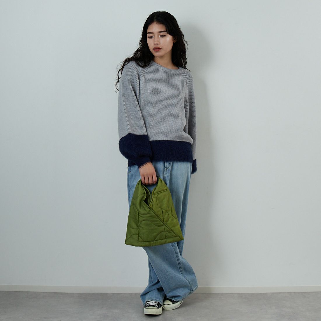 Jf Ready Made [ジェイエフレディメイド] 配色ポイントシャギーニット [986-14185] 05 ﾓｸｸﾞﾚｰ &&モデル身長：162cm 着用サイズ：F&&