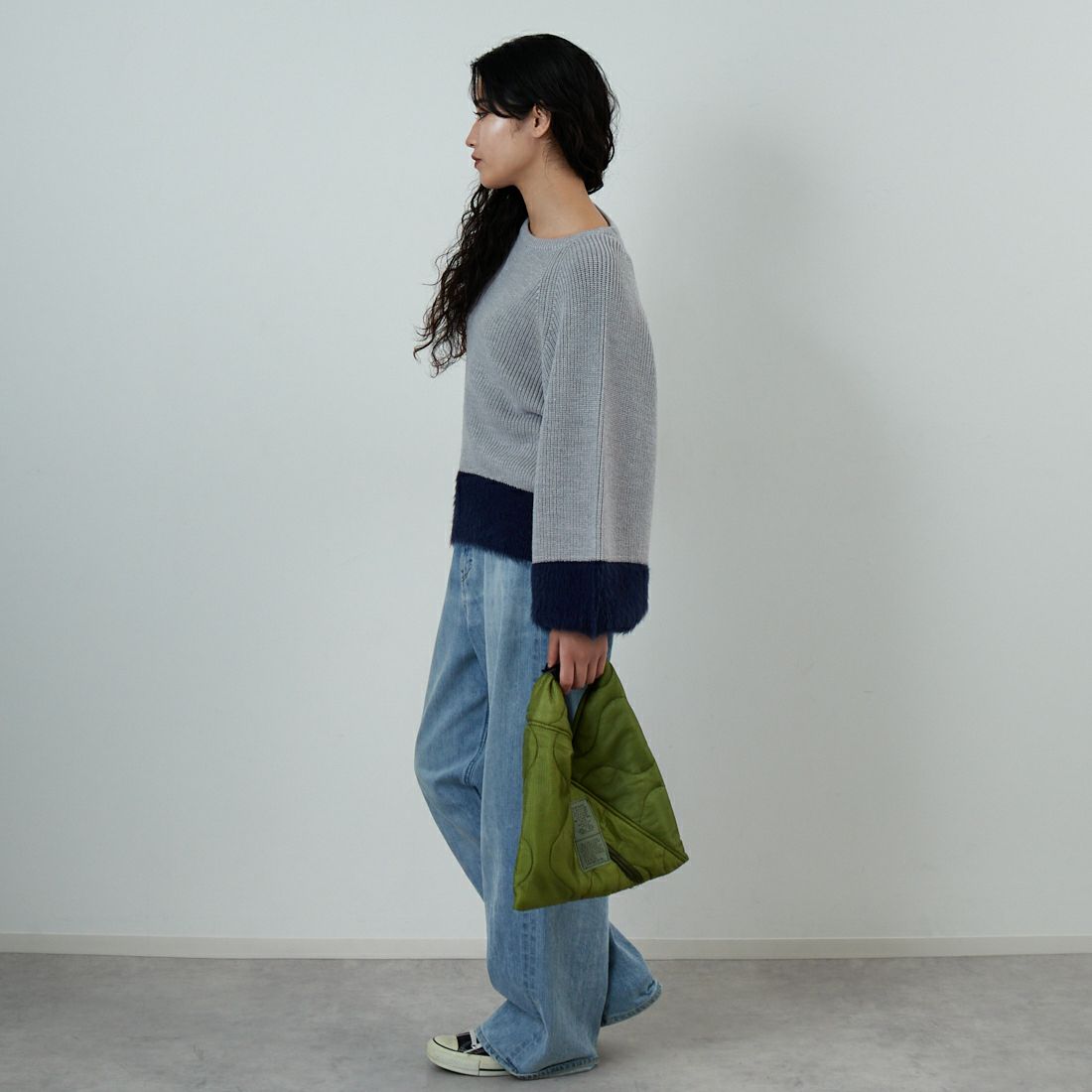 Jf Ready Made [ジェイエフレディメイド] 配色ポイントシャギーニット [986-14185] 05 ﾓｸｸﾞﾚｰ &&モデル身長：162cm 着用サイズ：F&&