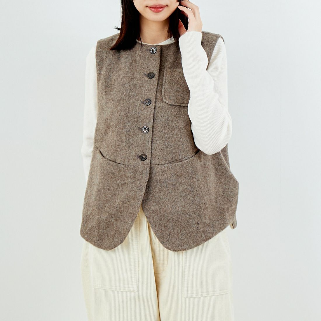 tumugu: [ツムグ] エコウールモッサベスト [TB25419] 17 MOCHA &&モデル身長：162cm 着用サイズ：F&&