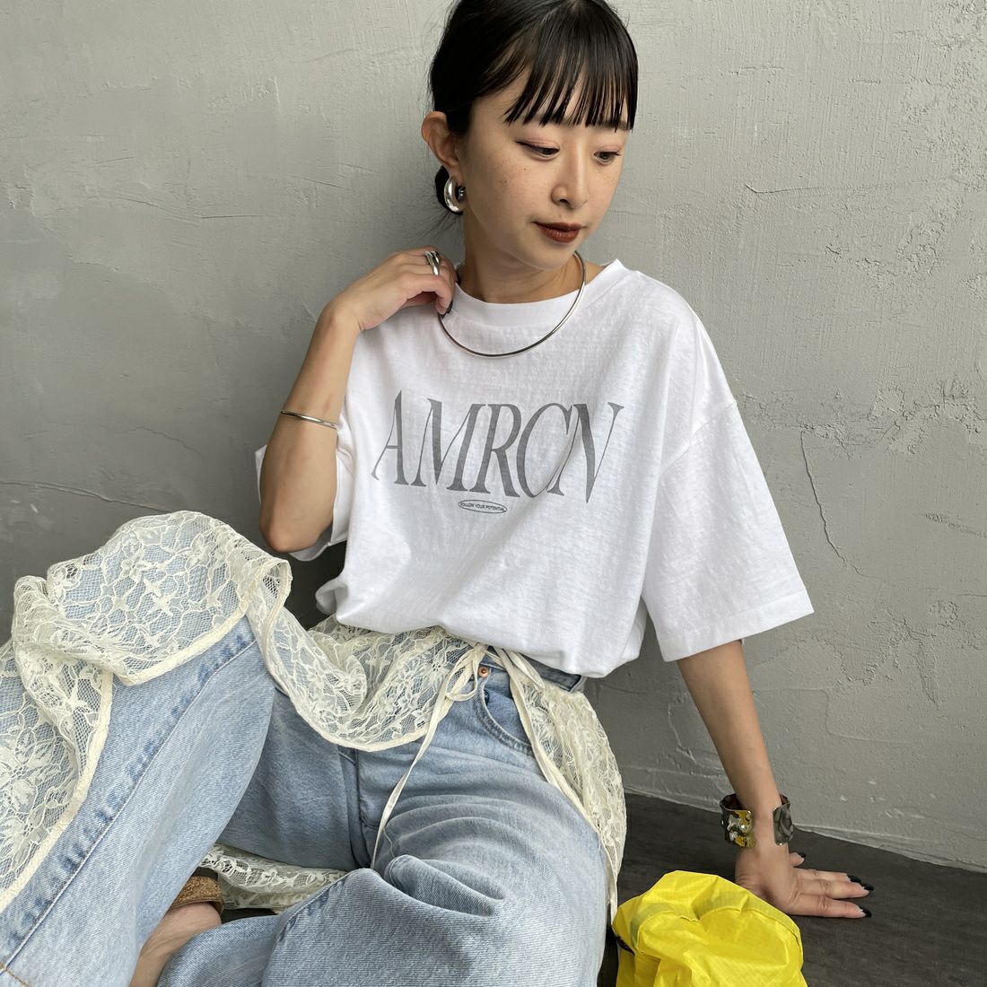 Americana × JEANS FACTORY [アメリカーナ × ジーンズファクトリー] 別注 AMRCN ロゴプリントTシャツ [BRF-808A-1-JF] ﾎﾜｲﾄ Americana × JEANS FACTORY [アメリカーナ × ジーンズファクトリー] 別注 AMRCN ロゴプリントTシャツ [BRF-808A-1-JF] ｽﾐｸﾛ &&モデル身長：150cm 着用サイズ：ONE SIZE&&