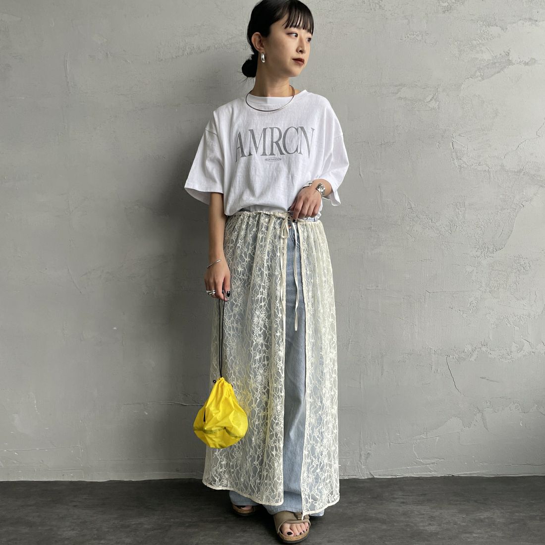 Americana × JEANS FACTORY [アメリカーナ × ジーンズファクトリー] 別注 AMRCN ロゴプリントTシャツ [BRF-808A-1-JF] ﾎﾜｲﾄ Americana × JEANS FACTORY [アメリカーナ × ジーンズファクトリー] 別注 AMRCN ロゴプリントTシャツ [BRF-808A-1-JF] ｽﾐｸﾛ &&モデル身長：150cm 着用サイズ：ONE SIZE&&