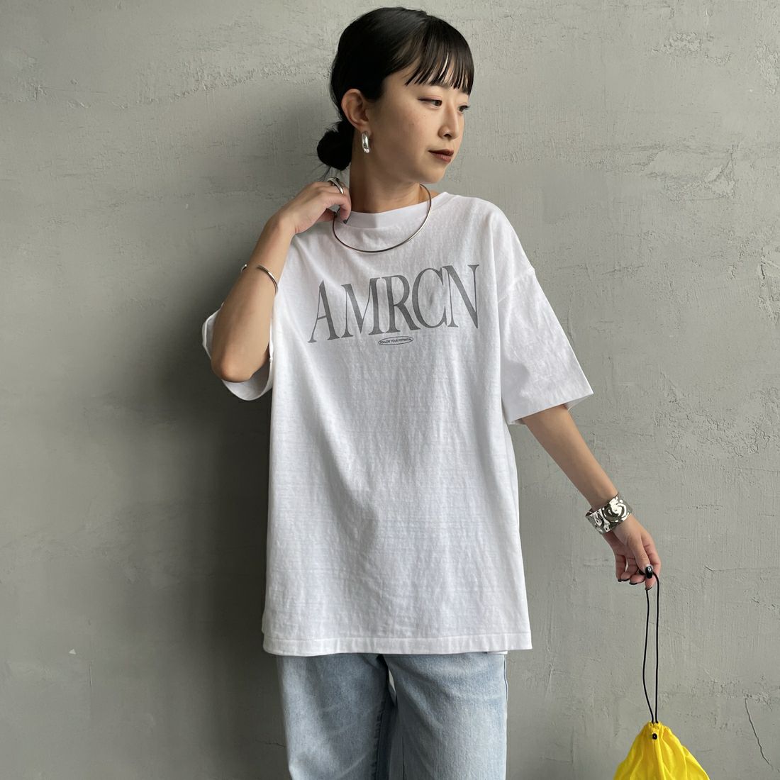 Americana × JEANS FACTORY [アメリカーナ × ジーンズファクトリー] 別注 AMRCN ロゴプリントTシャツ [BRF-808A-1-JF] ﾎﾜｲﾄ Americana × JEANS FACTORY [アメリカーナ × ジーンズファクトリー] 別注 AMRCN ロゴプリントTシャツ [BRF-808A-1-JF] ｽﾐｸﾛ &&モデル身長：150cm 着用サイズ：ONE SIZE&&