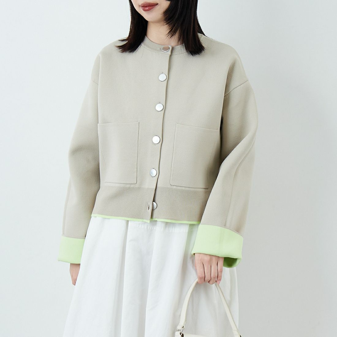 Maison de L'allure [メゾン ドゥ ラリュール] バイカラースポンディッシュニットカーディガン [M25141010] 22 GRG/MNT &&モデル身長：162cm 着用サイズ：F&&