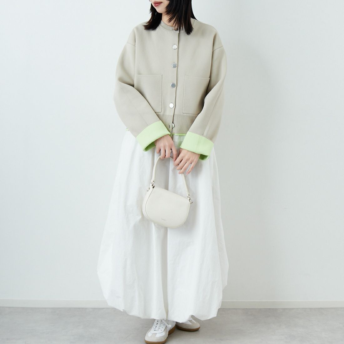 Maison de L'allure [メゾン ドゥ ラリュール] バイカラースポンディッシュニットカーディガン [M25141010] 22 GRG/MNT &&モデル身長：162cm 着用サイズ：F&&