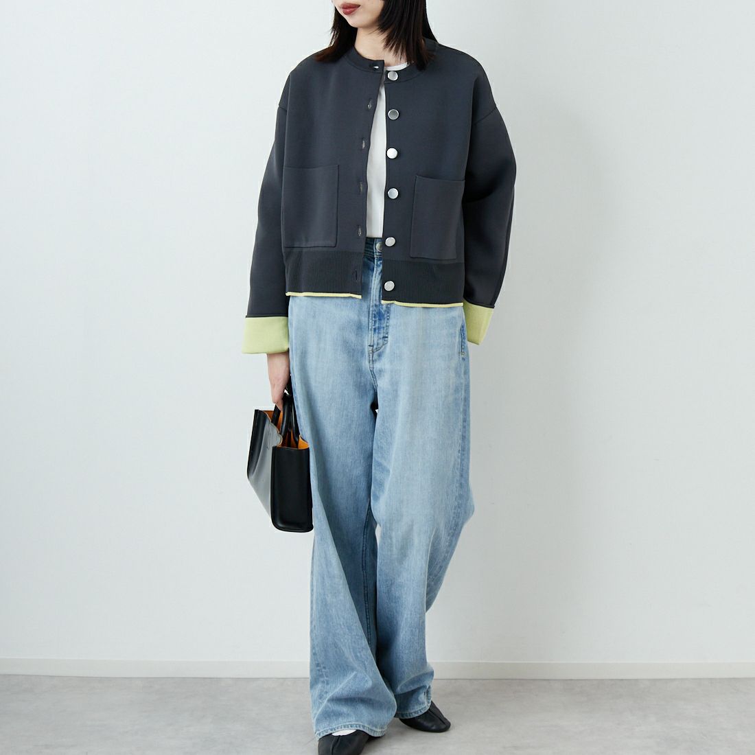 Maison de L'allure [メゾン ドゥ ラリュール] バイカラースポンディッシュニットカーディガン [M25141010] 08 CHR/YEL &&モデル身長：162cm 着用サイズ：F&&