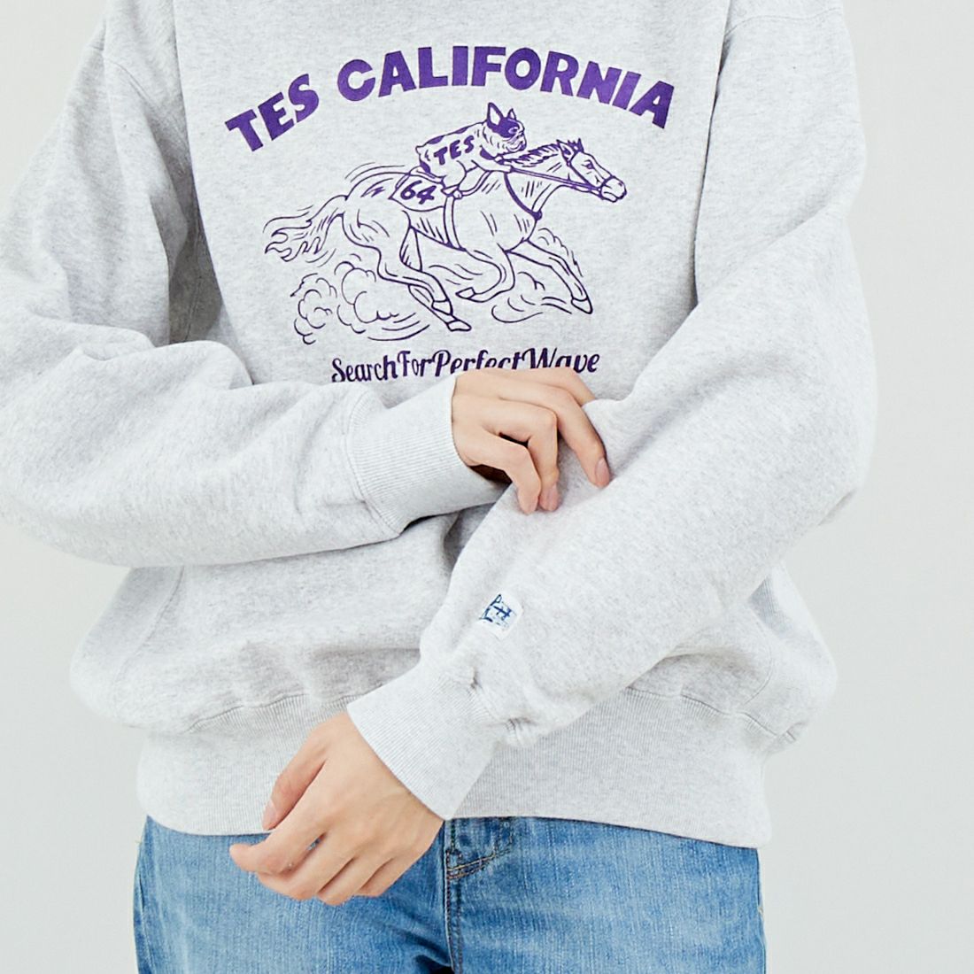 The Endless Summer [エンドレスサマー] 2026 ホースライドフロッキークルーネックスウェット [FH-26374302] 03 MIX GRY &&モデル身長：162cm 着用サイズ：S&&