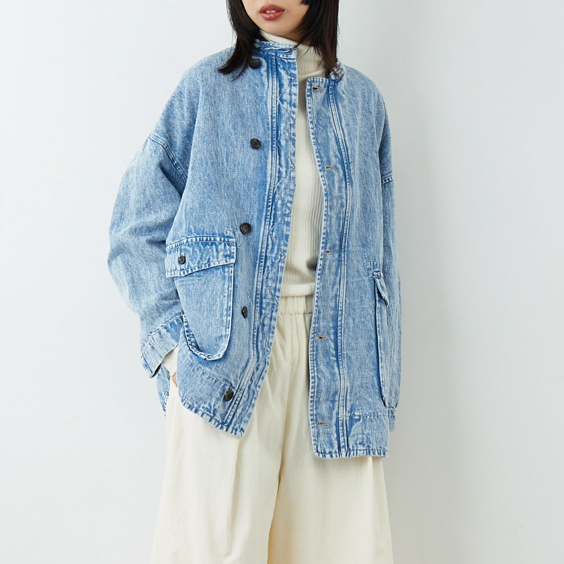 ESTROISLOSE [エストゥロワルーズ] 綿麻デニムジャケット [EB25409] 793 FADE B &&モデル身長：162cm 着用サイズ：F&&