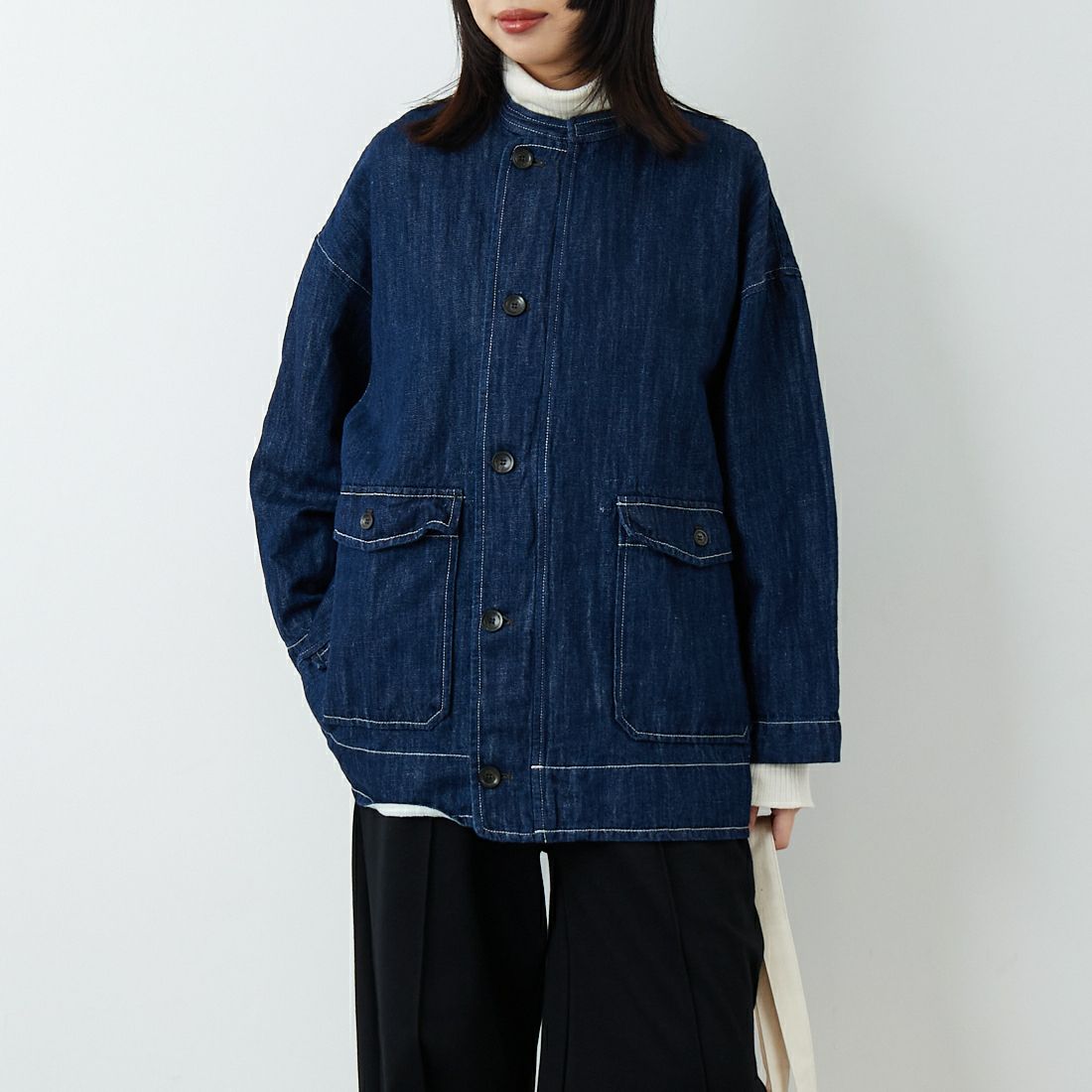 ESTROISLOSE [エストゥロワルーズ] 綿麻デニムジャケット [EB25409] 795 INDIGO &&モデル身長：162cm 着用サイズ：F&&