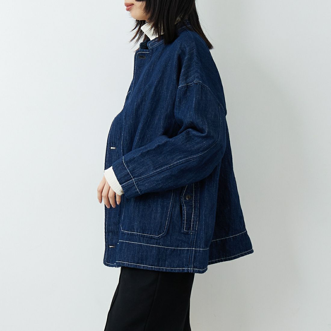 ESTROISLOSE [エストゥロワルーズ] 綿麻デニムジャケット [EB25409] 795 INDIGO &&モデル身長：162cm 着用サイズ：F&&