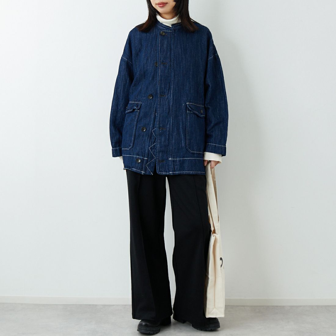 ESTROISLOSE [エストゥロワルーズ] 綿麻デニムジャケット [EB25409] 795 INDIGO &&モデル身長：162cm 着用サイズ：F&&