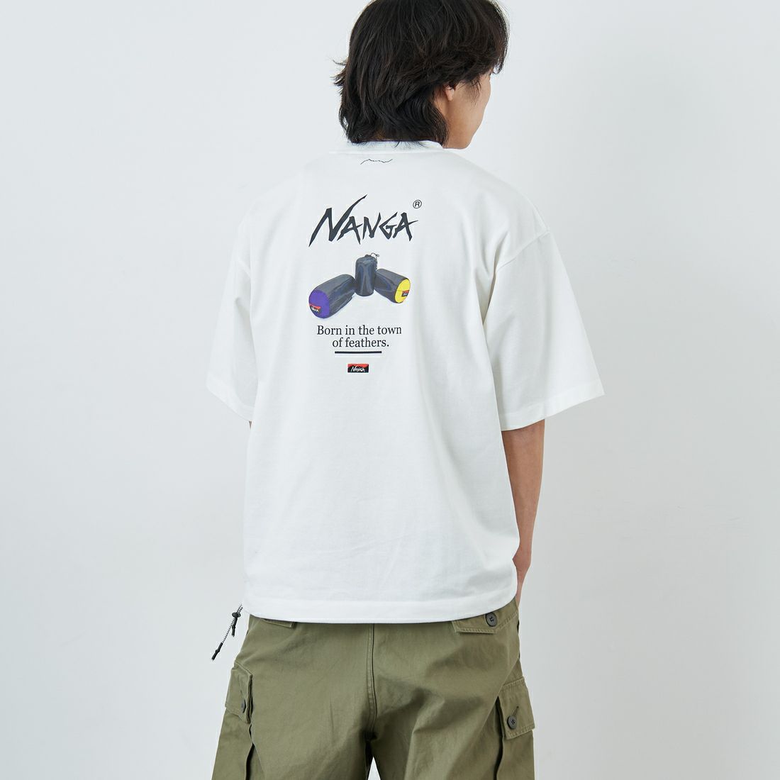 JEANSFACTORY × NANGA [ジーンズファクトリー × ナンガ] 別注 ルーズフィット NEBUKUROバックプリント ドローコードTシャツ [NW26SS-JF8] WHITE &&モデル身長：179cm 着用サイズ：L&&
