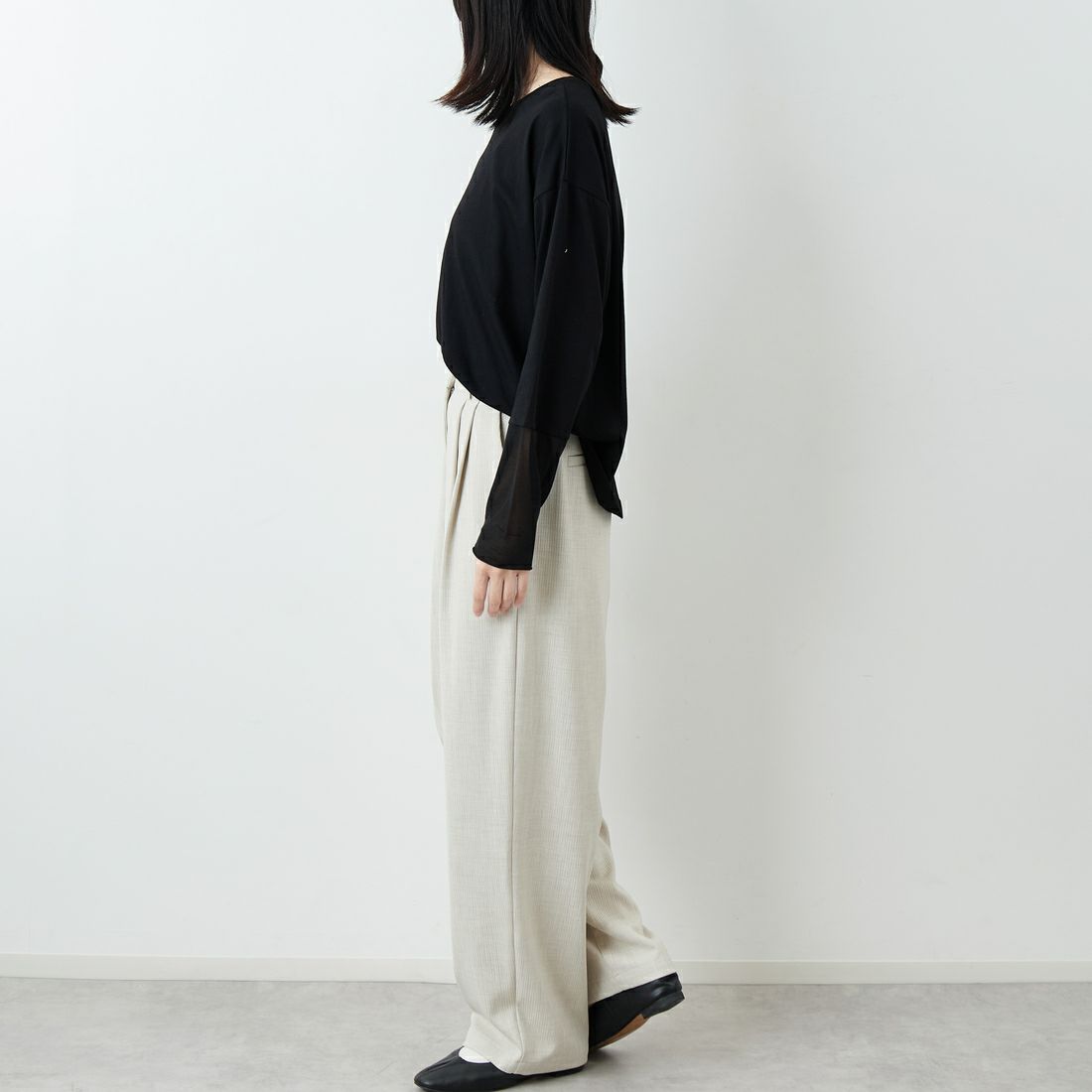 RIM.ARK [リムアーク] ドビーストライプ ダブルタックパンツ [460JSL31-0171] L/BEG &&モデル身長：162cm 着用サイズ：36&&