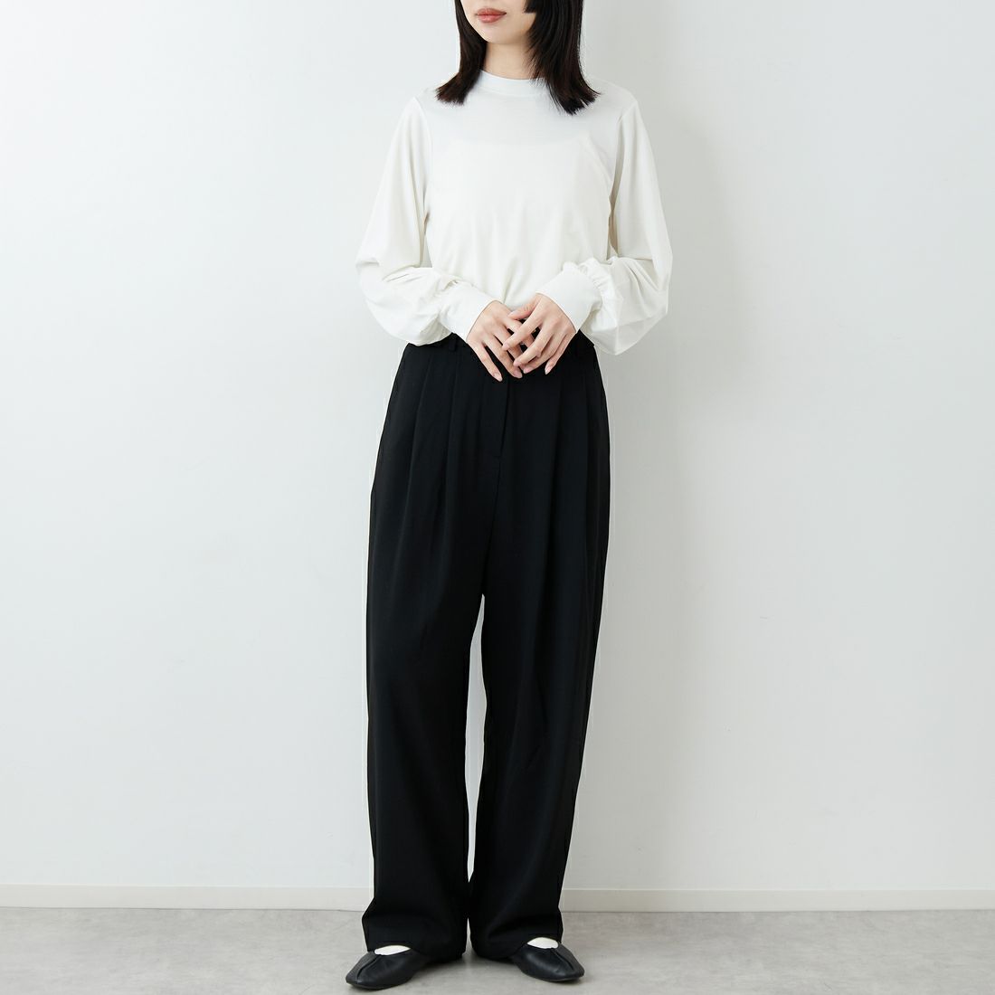 RIM.ARK [リムアーク] ドビーストライプ ダブルタックパンツ [460JSL31-0171] BLK &&モデル身長：162cm 着用サイズ：36&&