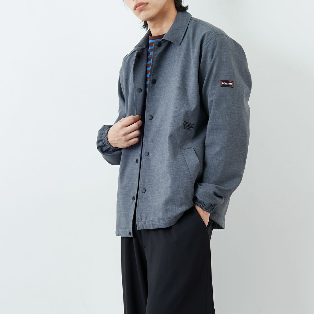 Marmot [マーモット] 別注 メリノウール コーチジャケット [MTSS26MJK330IN-JF] GRAY &&モデル身長：179cm 着用サイズ：L&&