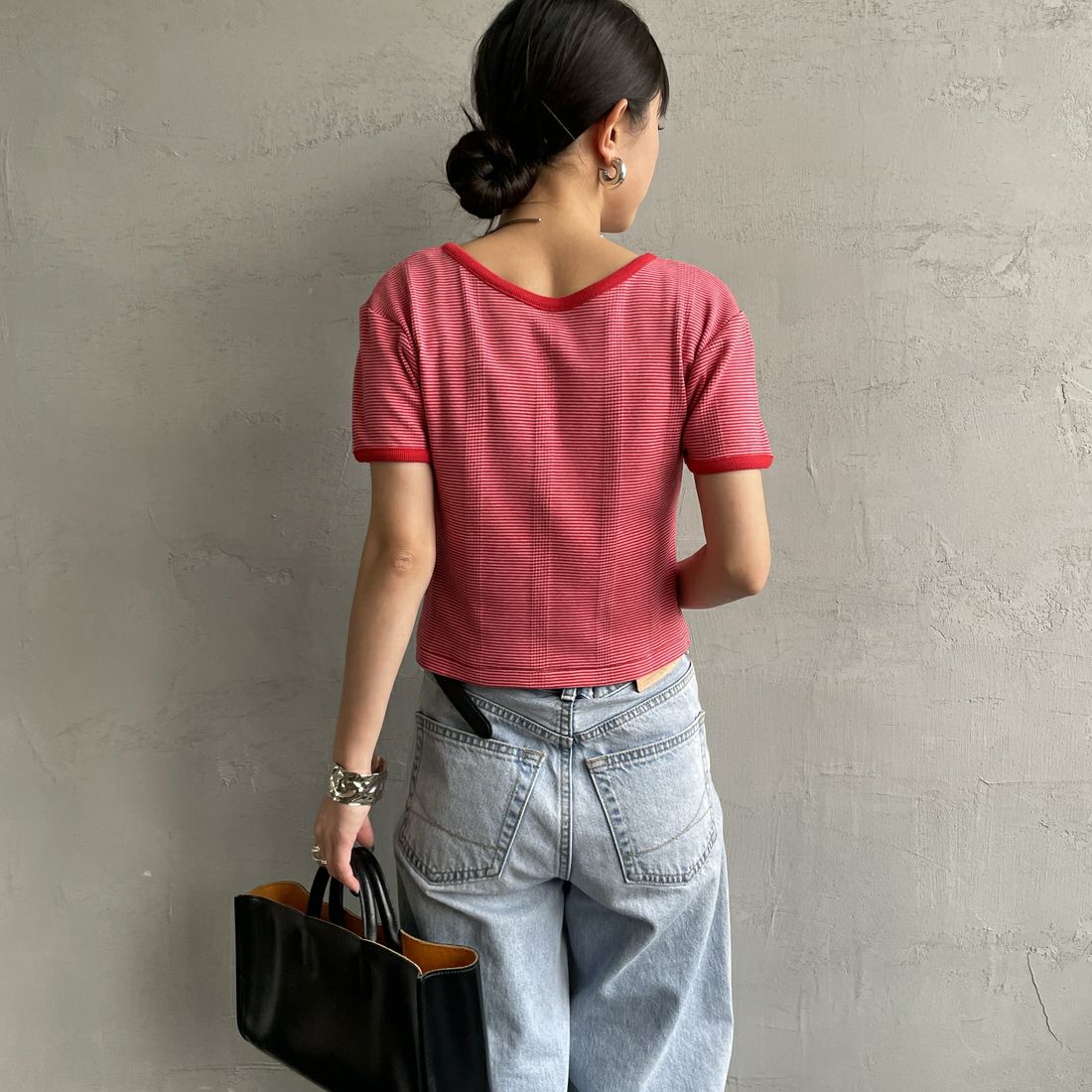 Robert P.Miller [ロバートピーミラー] 別注 クロップド丈 ボーダーヘンリーネックTシャツ [RM261-2265IN-JF] CHERRY