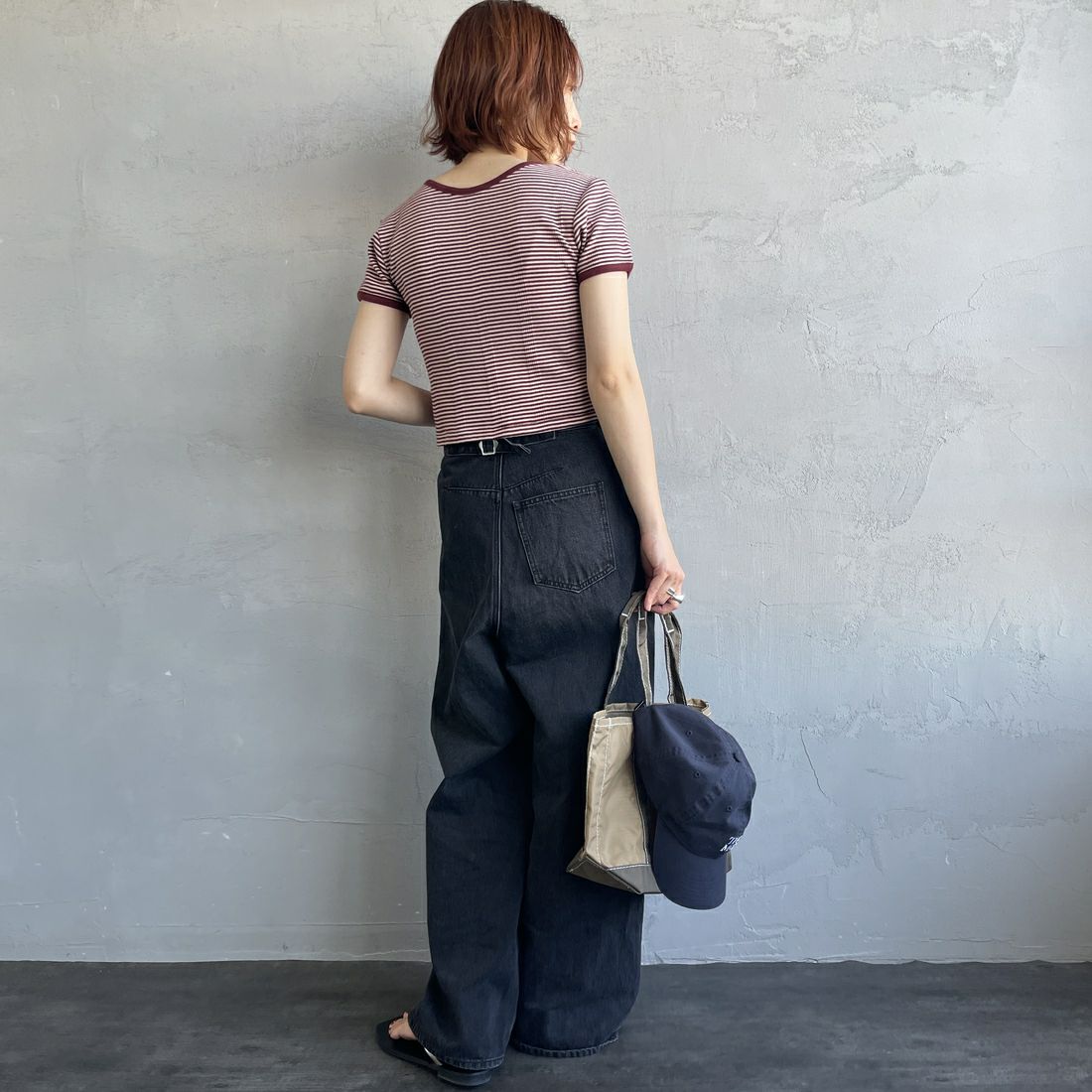 Robert P.Miller [ロバートピーミラー] 別注 クロップド丈 ボーダーヘンリーネックTシャツ [RM261-2265IN-JF] CLAY&&モデル身長：158cm 着用サイズ：F&&