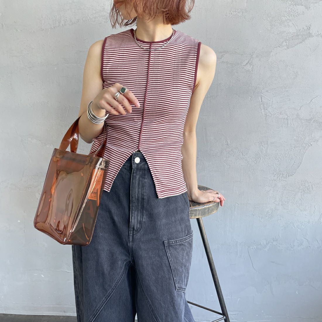 Robert P.Miller [ロバートピーミラー] 別注 配色 センタースリット パネルリブタンクトップ [RM261-2261IN-JF] CLAY &&モデル身長：158cm 着用サイズ：F&&