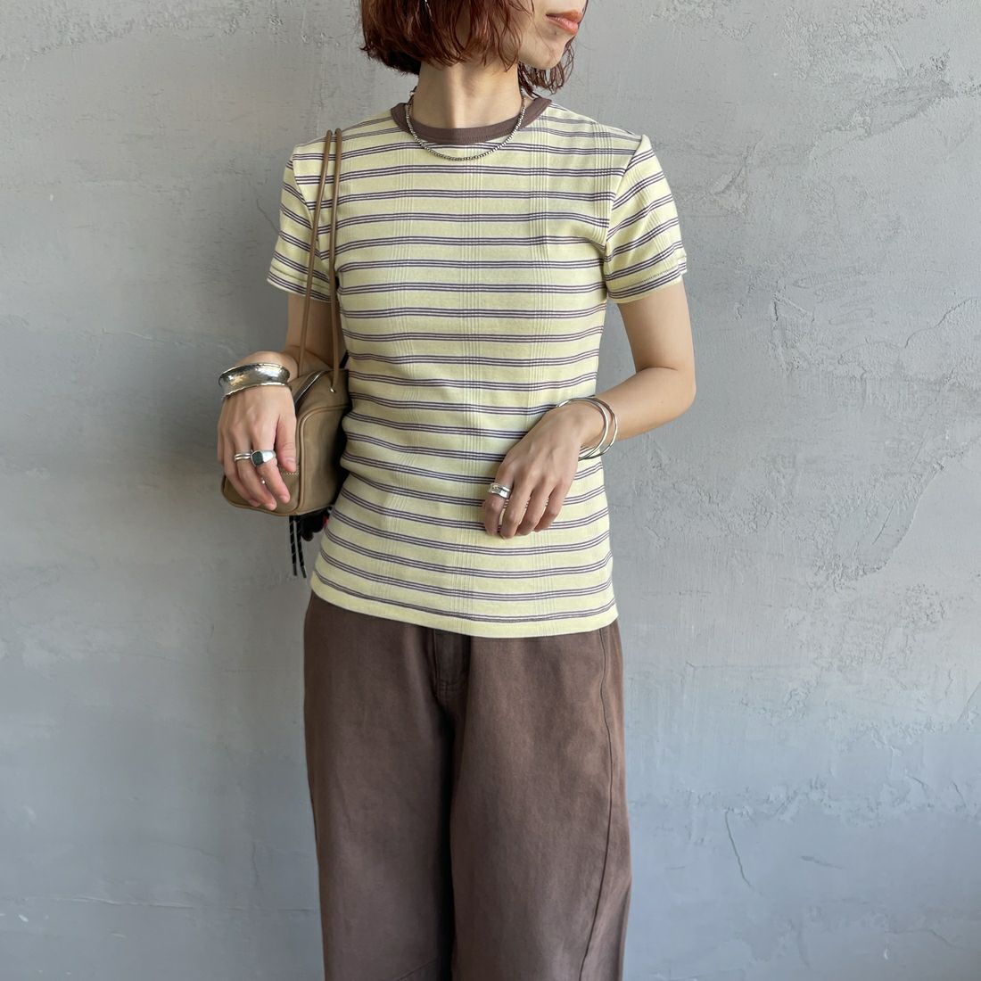 Robert P.Miller [ロバートピーミラー] 別注 配色 パネルリブショートスリーブTシャツ [RM261-2152IN-JF] BANANA &&モデル身長：158cm 着用サイズ：F&&