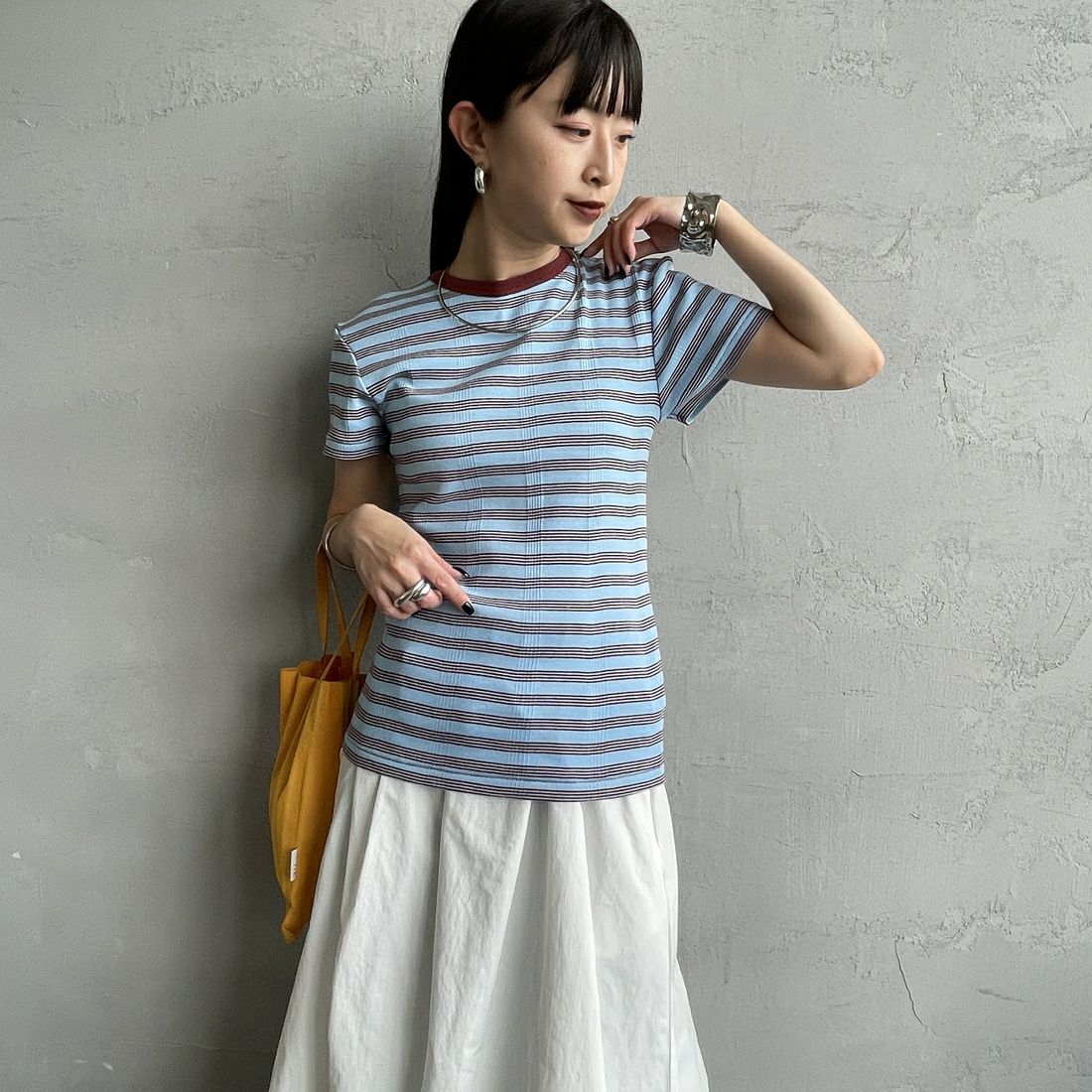 Robert P.Miller [ロバートピーミラー] 別注 配色 パネルリブショートスリーブTシャツ [RM261-2152IN-JF] BLUEBERRY &&モデル身長：150cm 着用サイズ：F&&