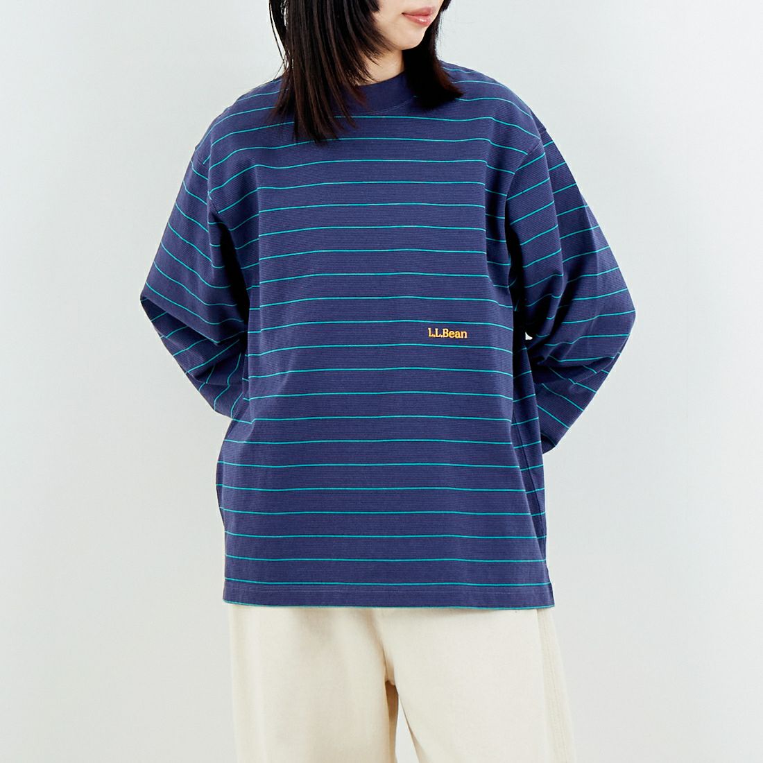 L.L.BEAN [エルエルビーン] Union ロングスリーブボーダーTシャツ [6175-3053] 93 NVY/TEA &&モデル身長：162cm 着用サイズ：S&&