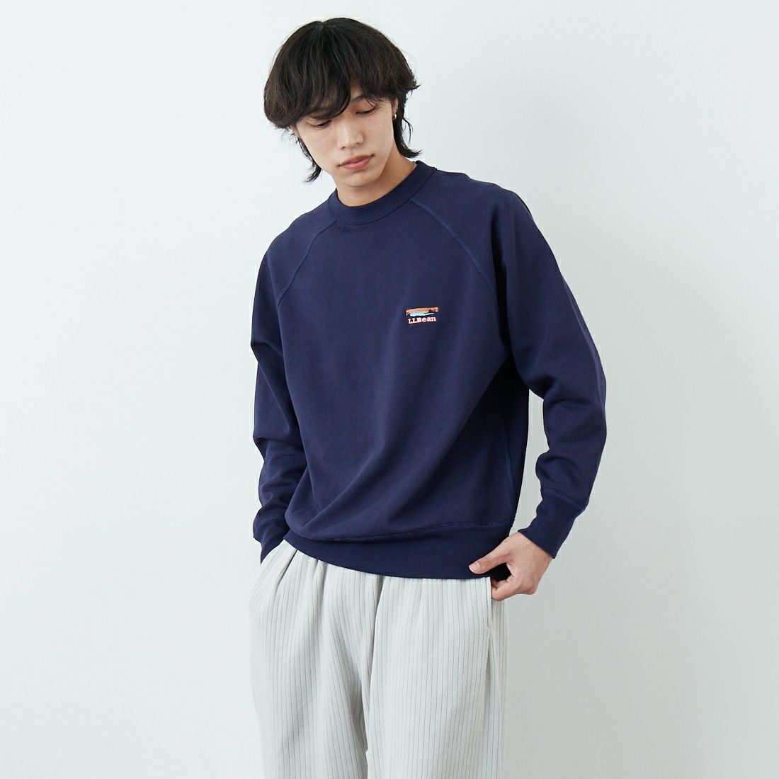 L.L.BEAN [エルエルビーン] PORTAGE クルーネックスウェット [6175-3049] 67 NAVY &&モデル身長：179cm 着用サイズ：M&&