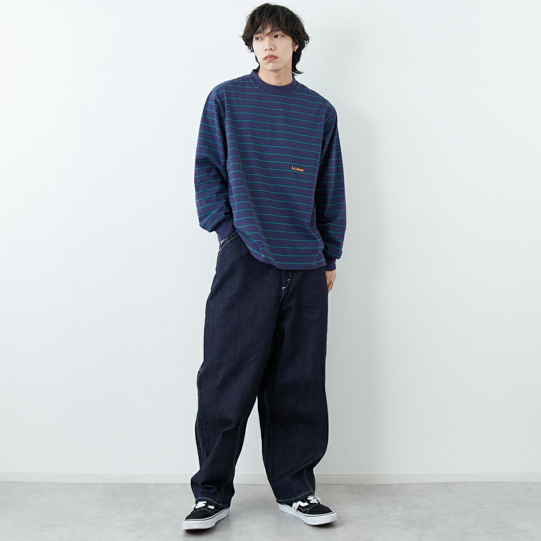 L.L.BEAN [エルエルビーン] Union ロングスリーブボーダーTシャツ [6175-3053] 93 NVY/TEA &&モデル身長：179cm 着用サイズ：L&&