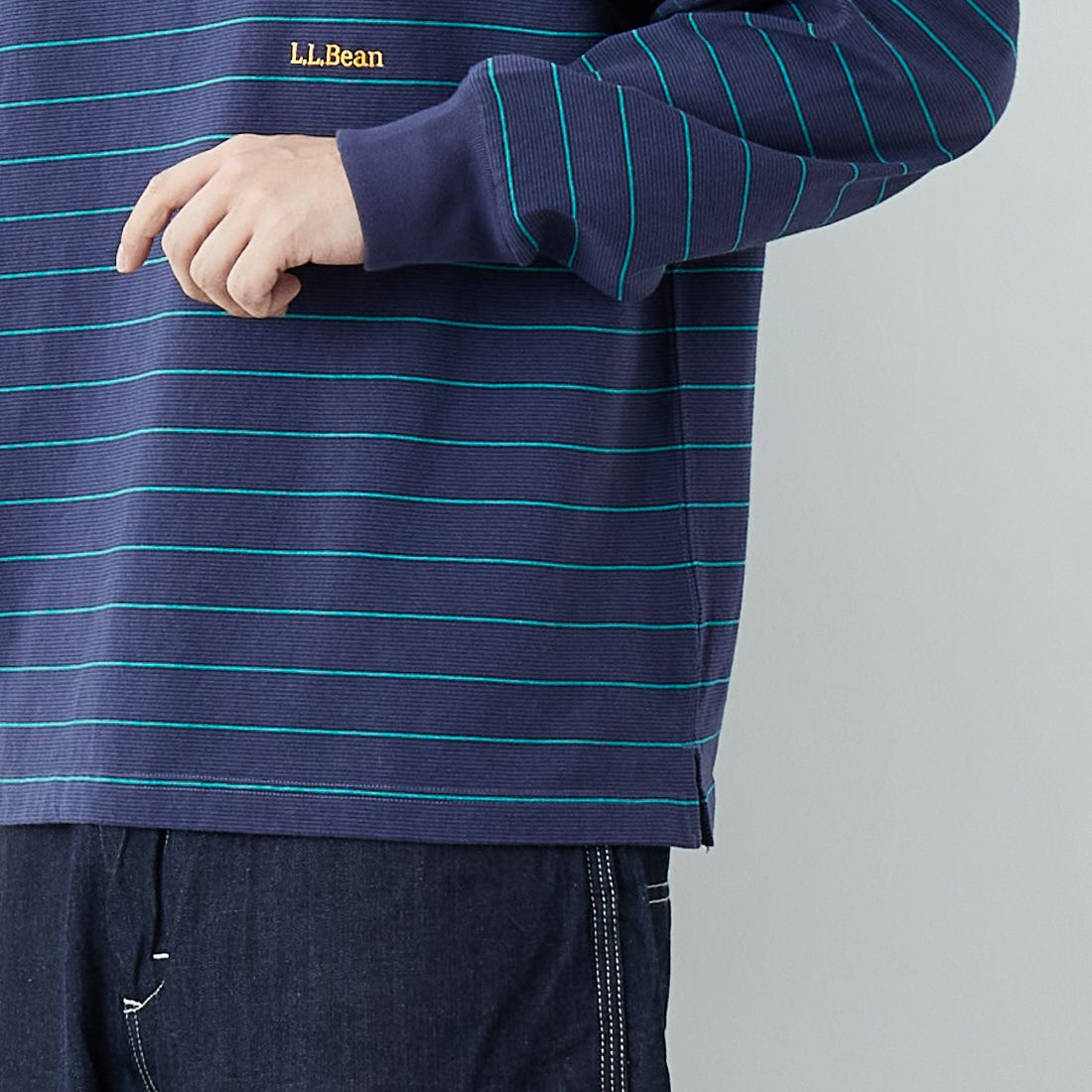 L.L.BEAN [エルエルビーン] Union ロングスリーブボーダーTシャツ [6175-3053] 93 NVY/TEA &&モデル身長：179cm 着用サイズ：L&&