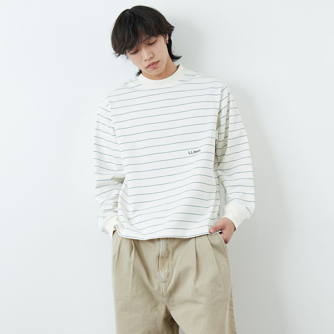 L.L.BEAN [エルエルビーン] Union ロングスリーブボーダーTシャツ [6175-3053] 90 OFF/GRN &&モデル身長：179cm 着用サイズ：M&&