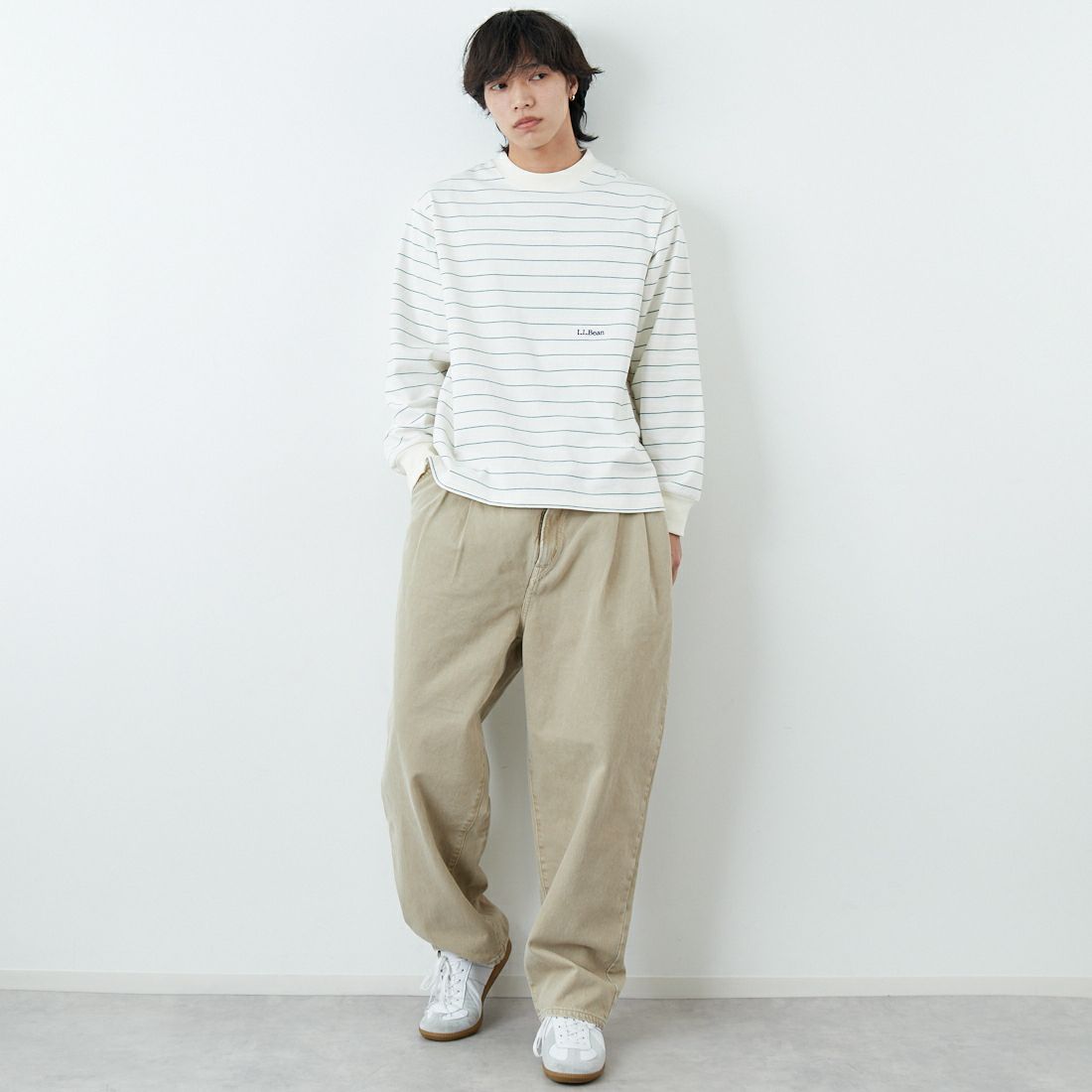 L.L.BEAN [エルエルビーン] Union ロングスリーブボーダーTシャツ [6175-3053] 90 OFF/GRN &&モデル身長：179cm 着用サイズ：M&&