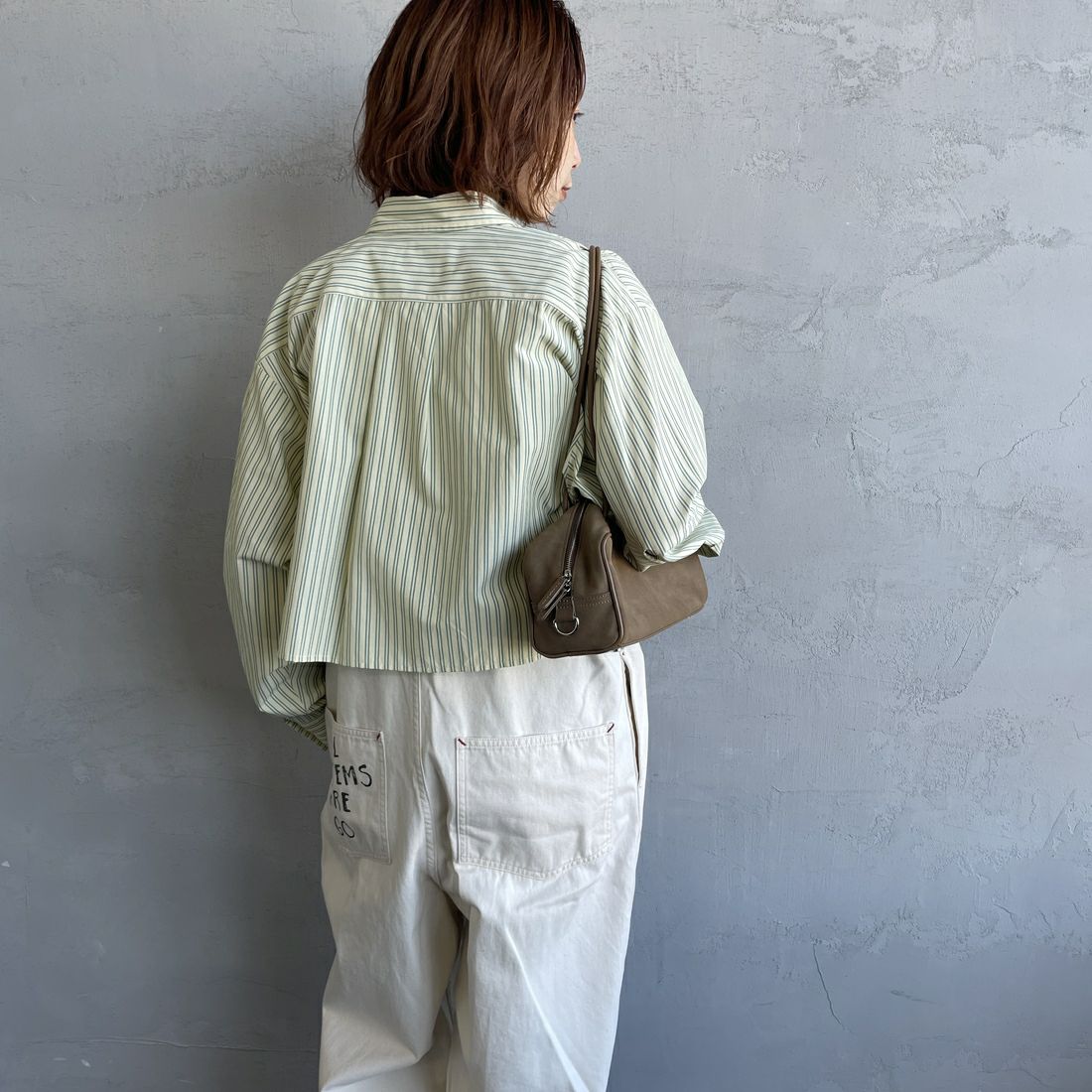 UNIVERSAL OVERALL [ユニバーサルオーバーオール] 別注 ショート丈 ビッグポケットストライプシャツ [U2533158IN-JF] ﾚﾓﾝ &&モデル身長：158cm 着用サイズ：F&&