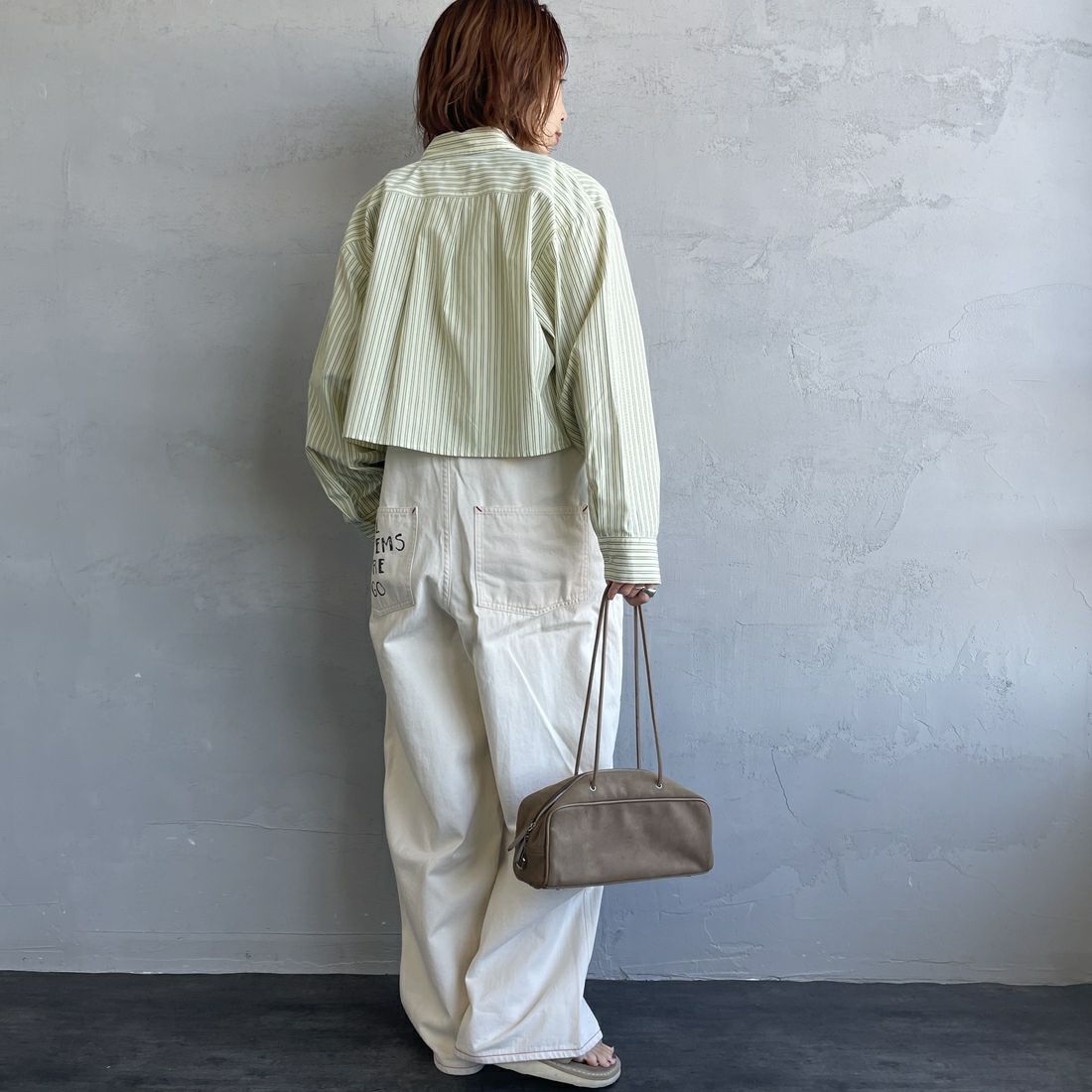 UNIVERSAL OVERALL [ユニバーサルオーバーオール] 別注 ショート丈 ビッグポケットストライプシャツ [U2533158IN-JF] ﾚﾓﾝ &&モデル身長：158cm 着用サイズ：F&&