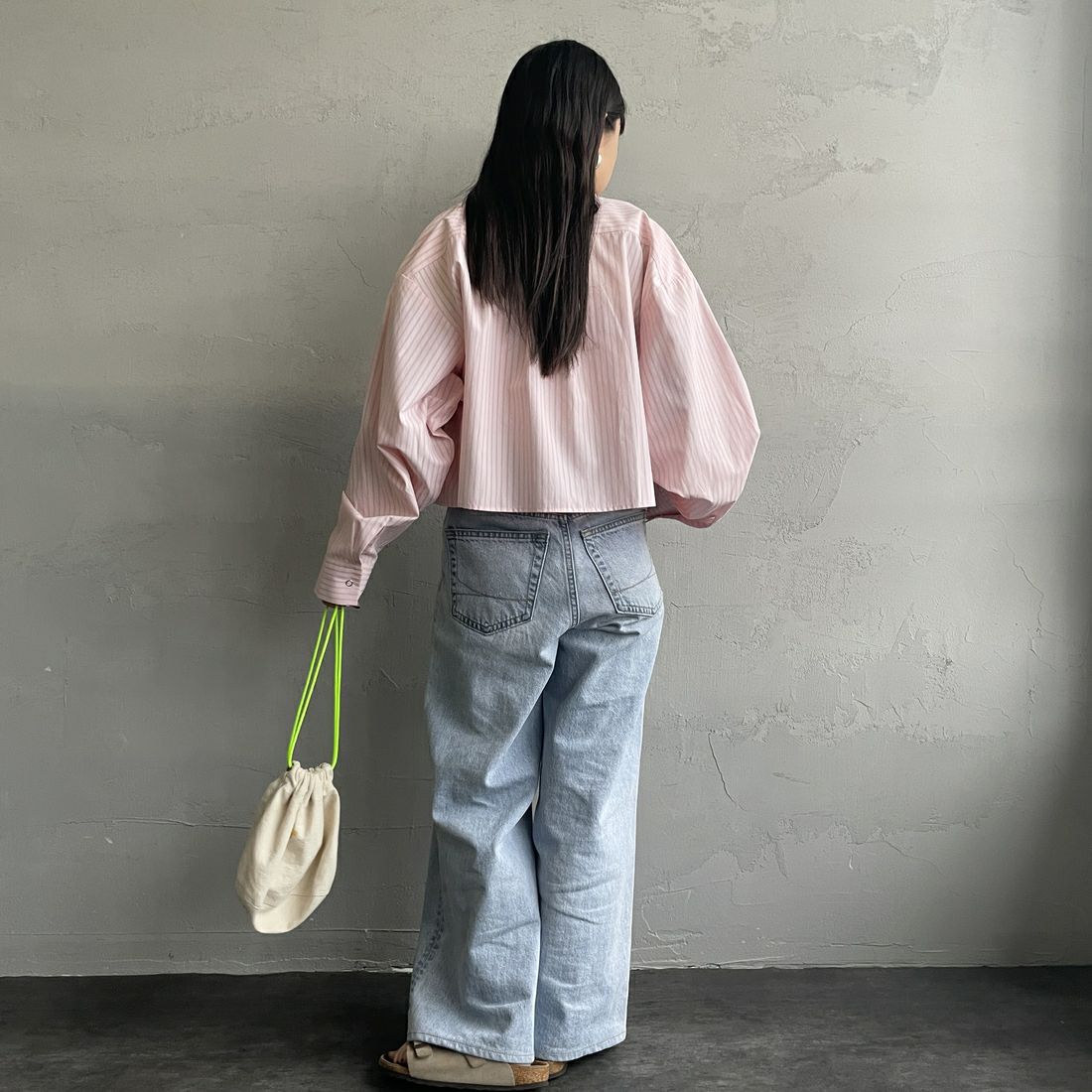 UNIVERSAL OVERALL [ユニバーサルオーバーオール] 別注 ショート丈 ビッグポケットストライプシャツ [U2533158IN-JF] ﾋﾟﾝｸ &&モデル身長：150cm 着用サイズ：F&&