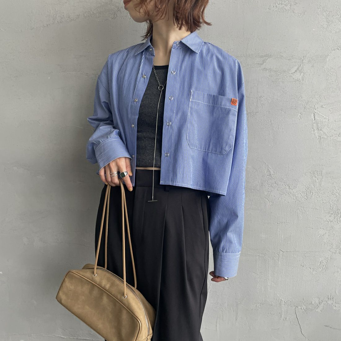 UNIVERSAL OVERALL [ユニバーサルオーバーオール] 別注 ショート丈 ビッグポケットストライプシャツ [U2533158IN-JF] ﾌﾞﾙｰ &&モデル身長：158cm 着用サイズ：F&&