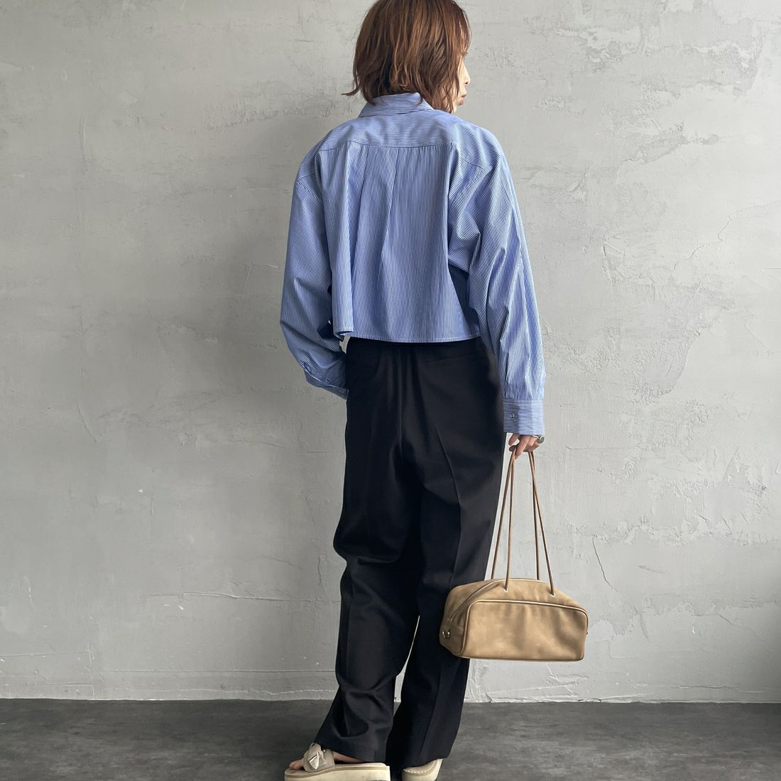 UNIVERSAL OVERALL [ユニバーサルオーバーオール] 別注 ショート丈 ビッグポケットストライプシャツ [U2533158IN-JF] ﾌﾞﾙｰ &&モデル身長：158cm 着用サイズ：F&&