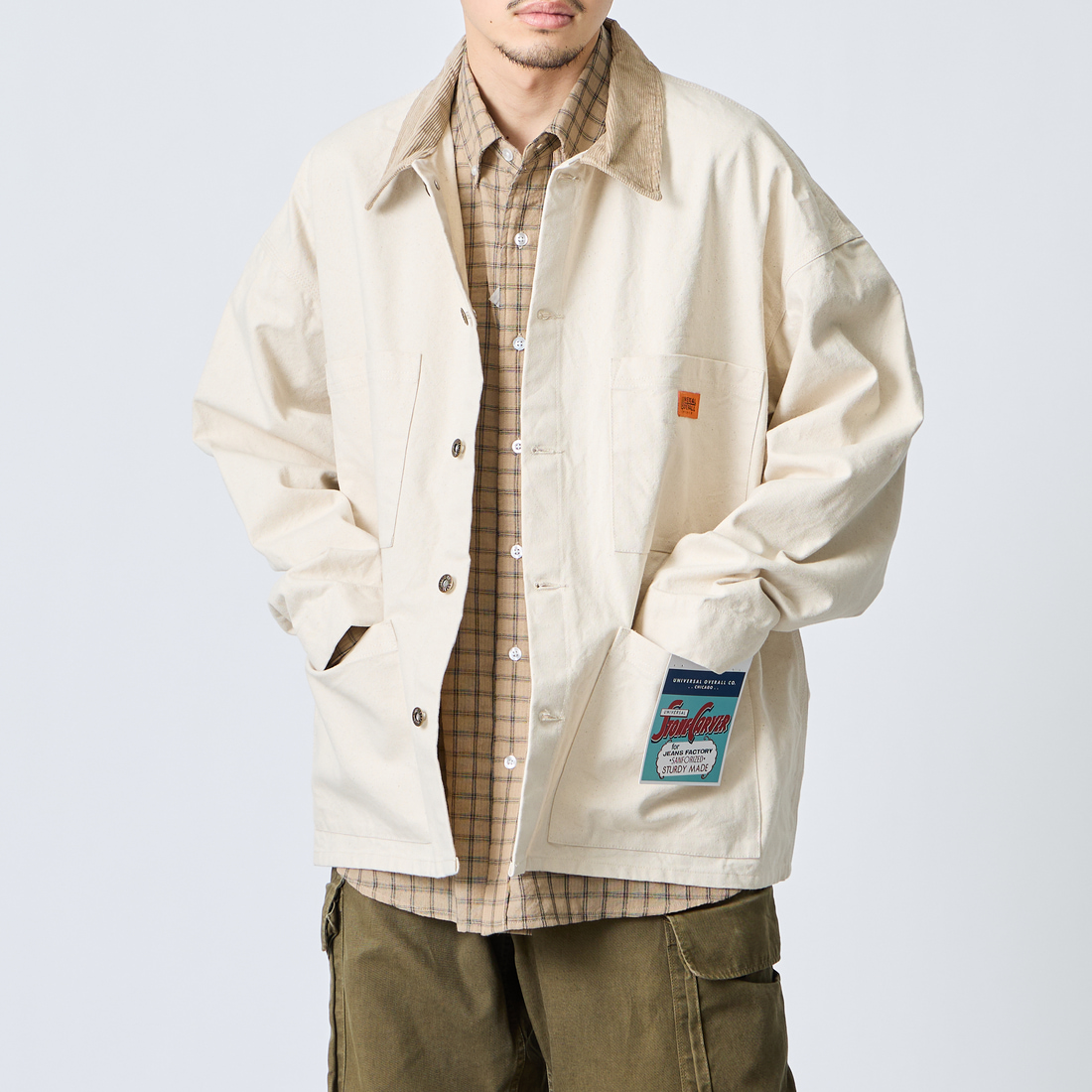 UNIVERSAL OVERALL [ユニバーサルオーバーオール] 別注 コーデュロイ襟 カバーオールジャケット [U2613225IN-JF] IVORY