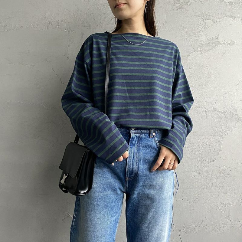 Jeans Factory Clothes [ジーンズファクトリークローズ] ヘビー米綿天竺ビックバスクシャツ [JFC-213-056] NVY/GRN&&モデル身長：160cm 着用サイズ：S&&