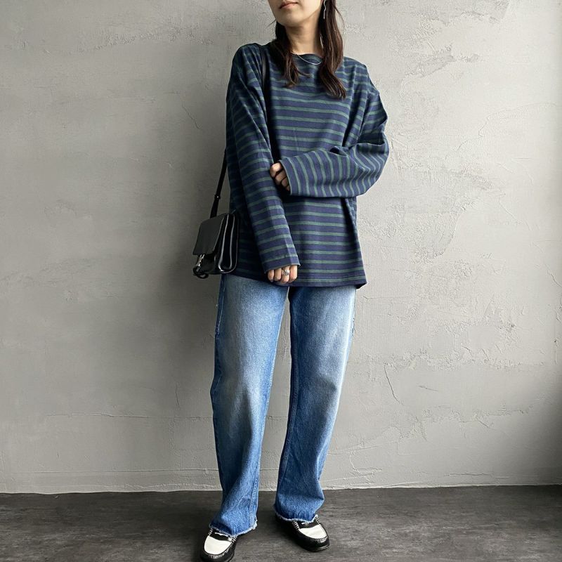 Jeans Factory Clothes [ジーンズファクトリークローズ] ヘビー米綿天竺ビックバスクシャツ [JFC-213-056] NVY/GRN&&モデル身長：160cm 着用サイズ：S&&